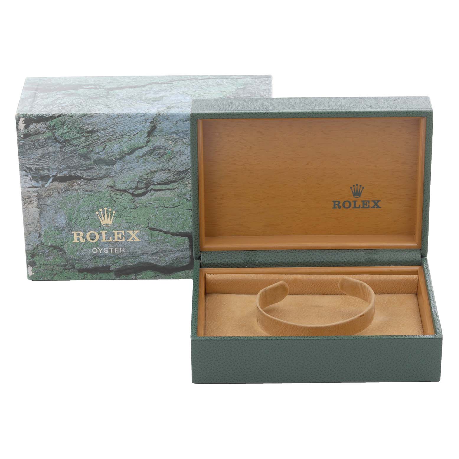 The image shows a green Rolex Datejust 16220 Men's Stainless Steel Silver Dial 16220 Men's Stainless Steel Silver Dial watch box with the lid open, revealing its interior.