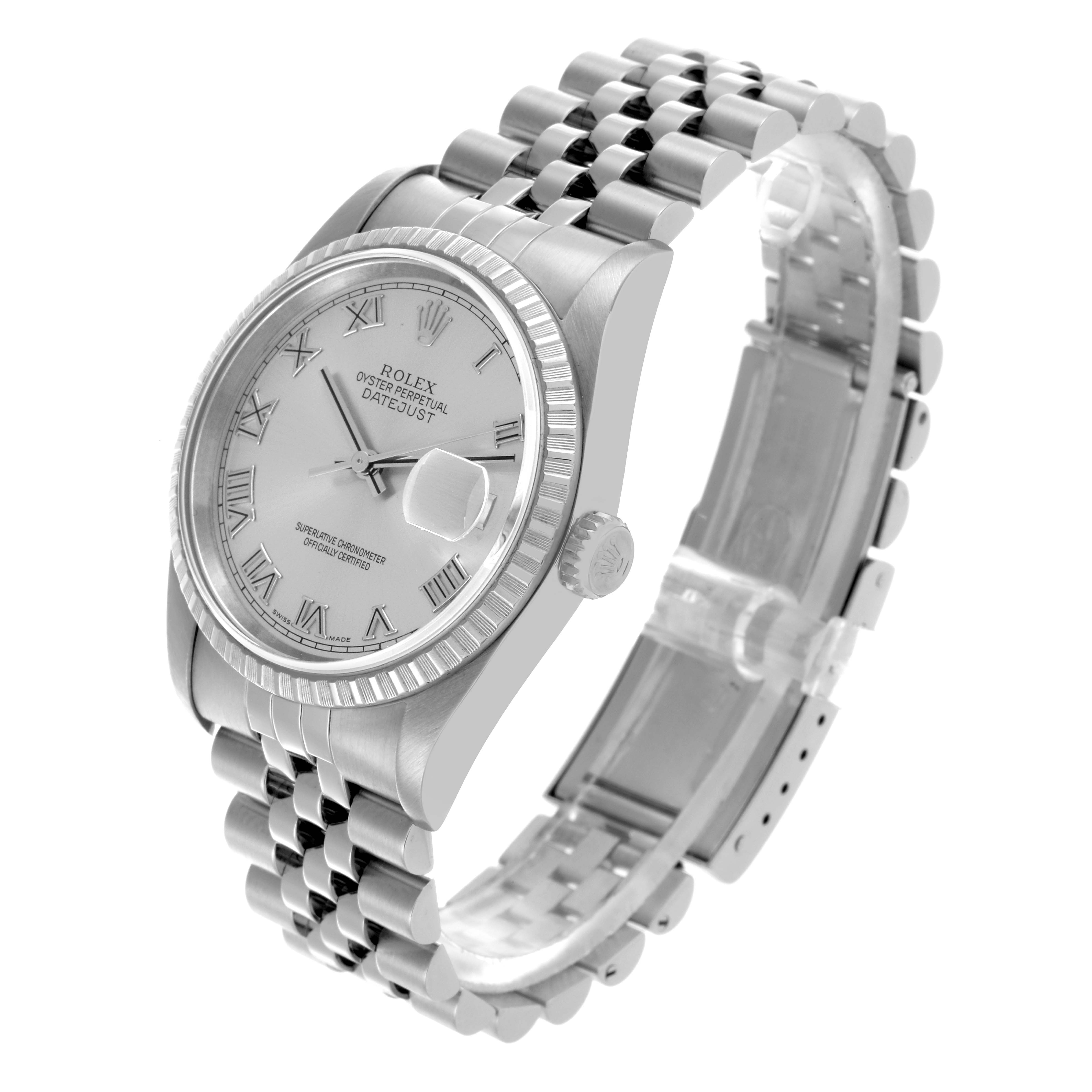 The Rolex Datejust 16220 Men's Stainless Steel Silver Dial 16220 Men's Stainless Steel Silver Dial model is shown at a three-quarter angle, displaying the face, bezel, crown, and part of the bracelet.