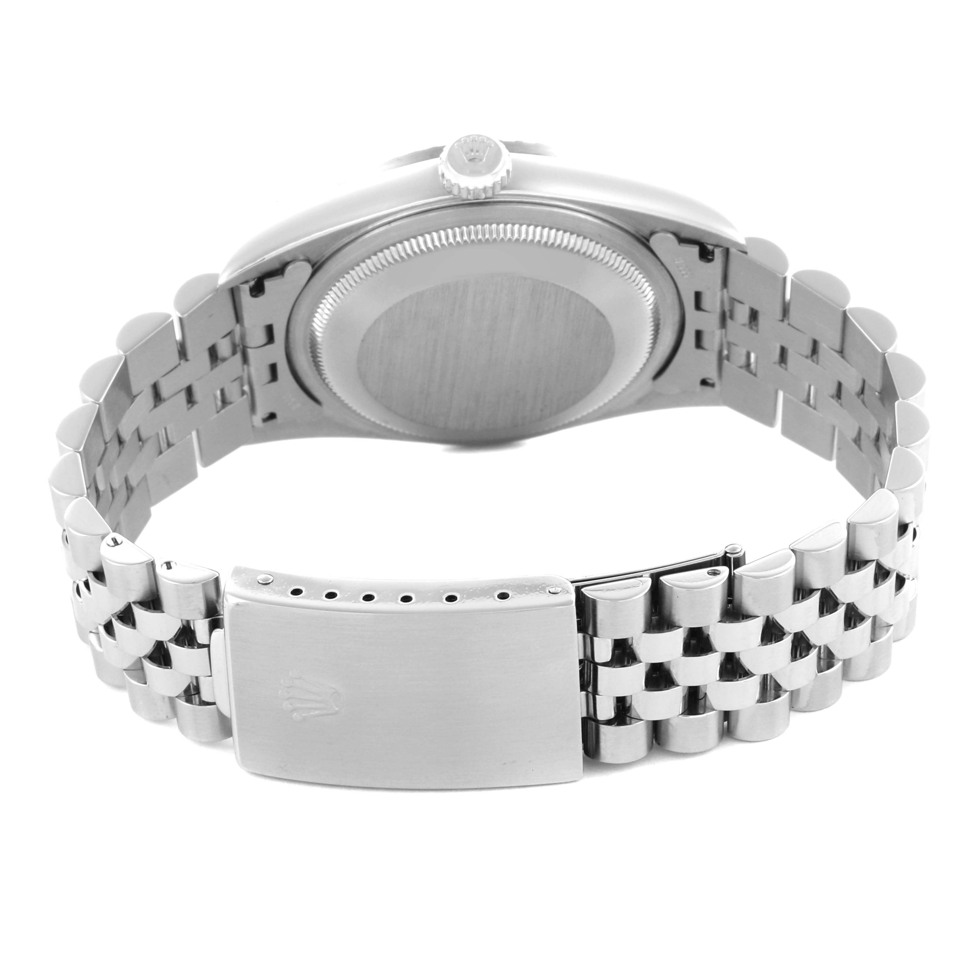 The image shows the back case, crown, and bracelet clasp of a Rolex Datejust 16220 Men's Stainless Steel Silver Dial 16220 Men's Stainless Steel Silver Dial watch from the rear angle.