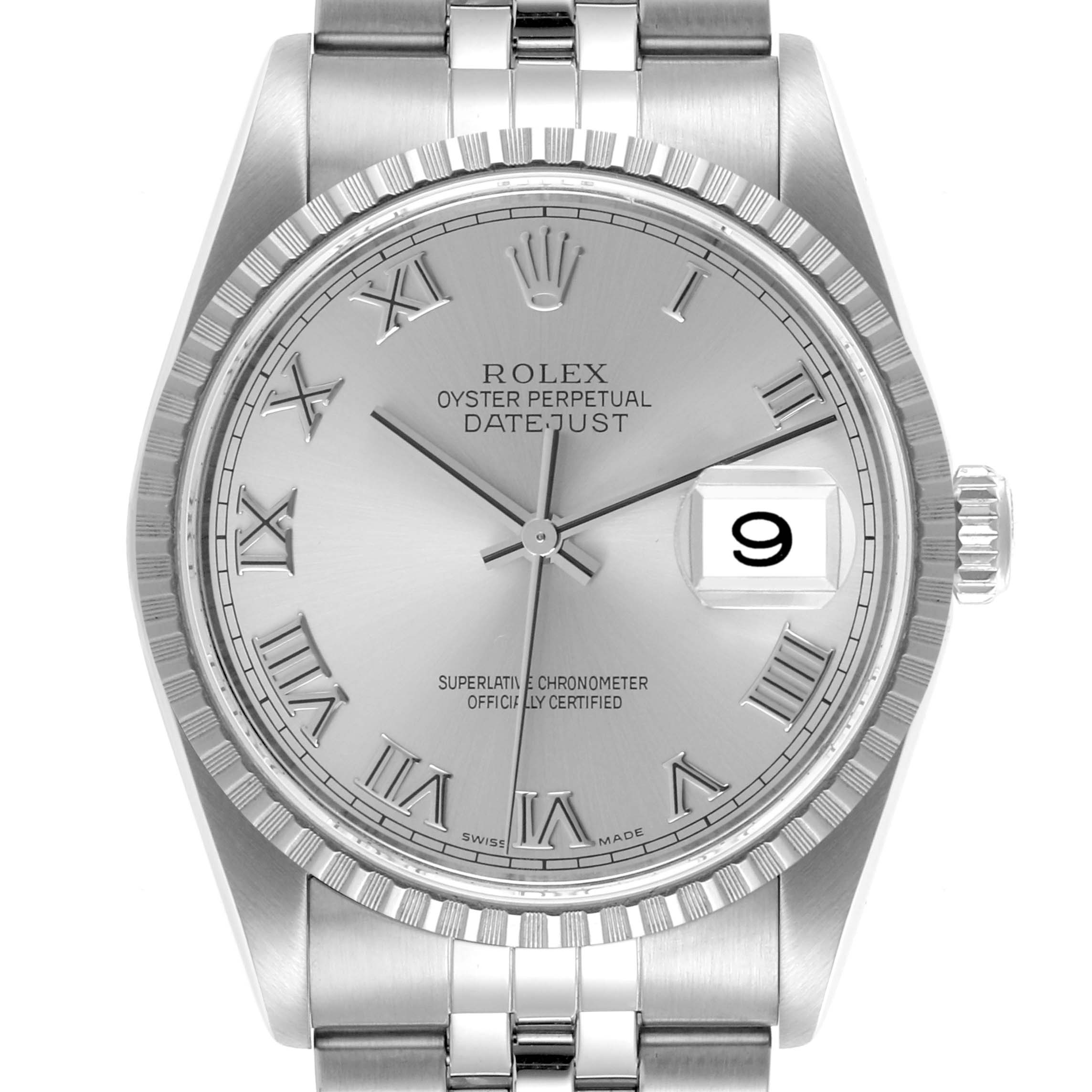 The Rolex Datejust 16220 Men's Stainless Steel Silver Dial 16220 Men's Stainless Steel Silver Dial watch is shown from the front, displaying the dial, bezel, bracelet, and crown clearly.