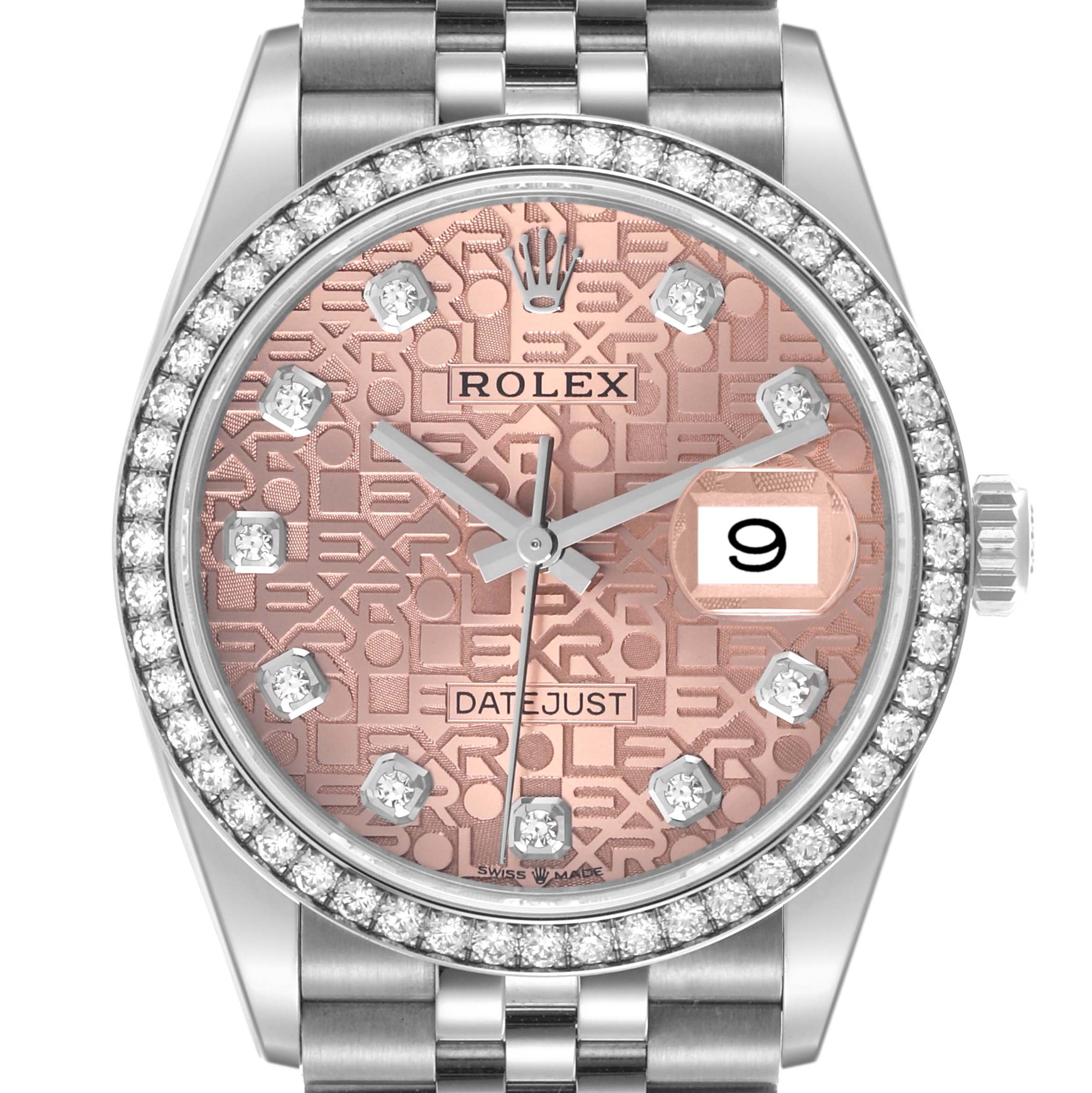 The Rolex Datejust 126284 Men's Stainless Steel Pink Dial 126284 Men's Stainless Steel Pink Dial watch is shown from the front, highlighting its rose-patterned dial, diamond hour markers, and metallic bracelet.