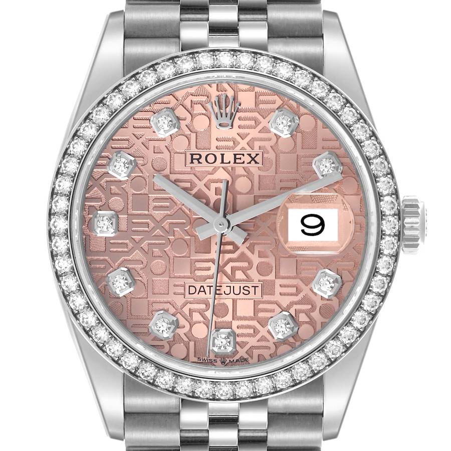 The Rolex Datejust watch is shown from the front, highlighting its rose-patterned dial, diamond hour markers, and metallic bracelet.