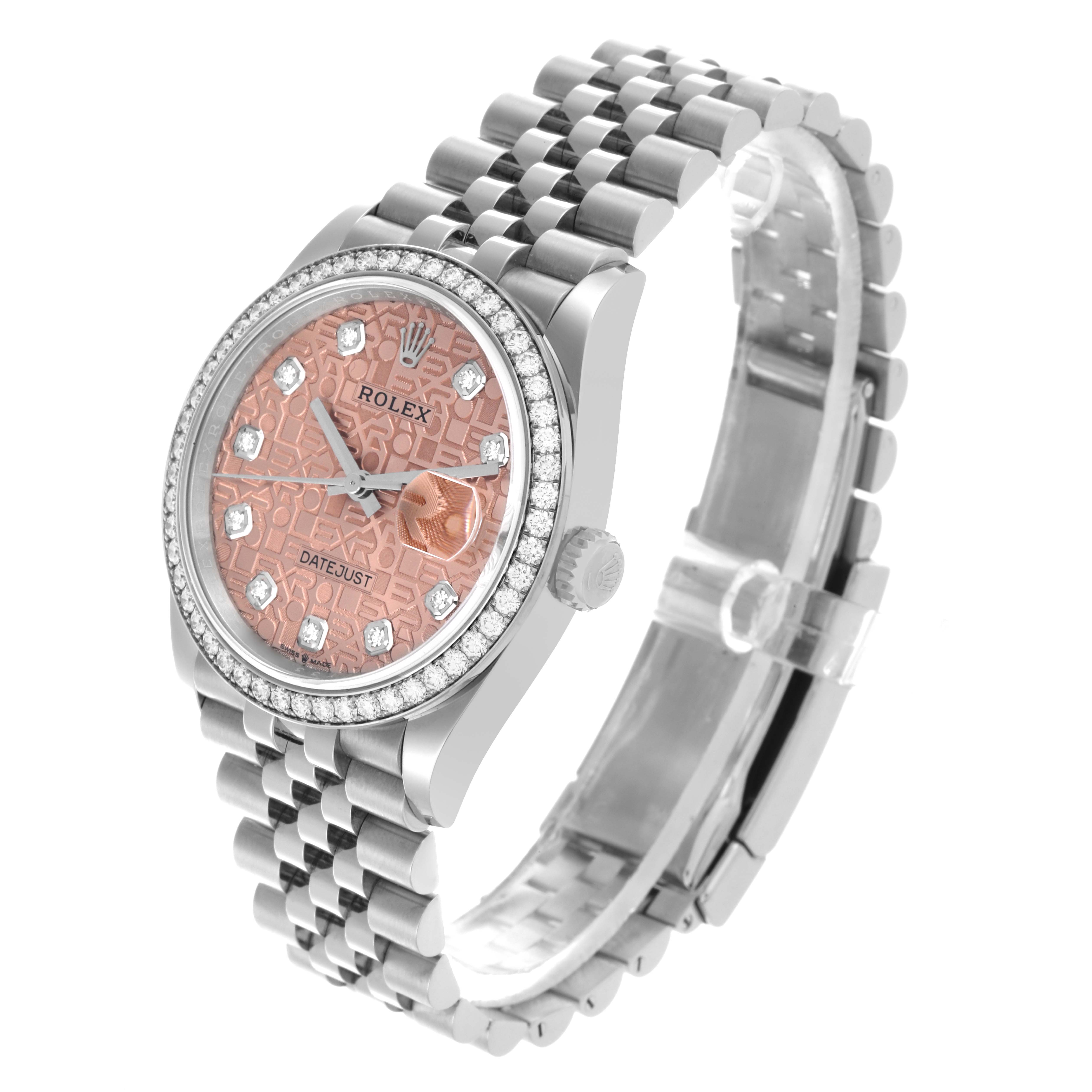 The Rolex Datejust 126284 Men's Stainless Steel Pink Dial 126284 Men's Stainless Steel Pink Dial watch is shown at a side angle, displaying the face, bezel, and bracelet links.