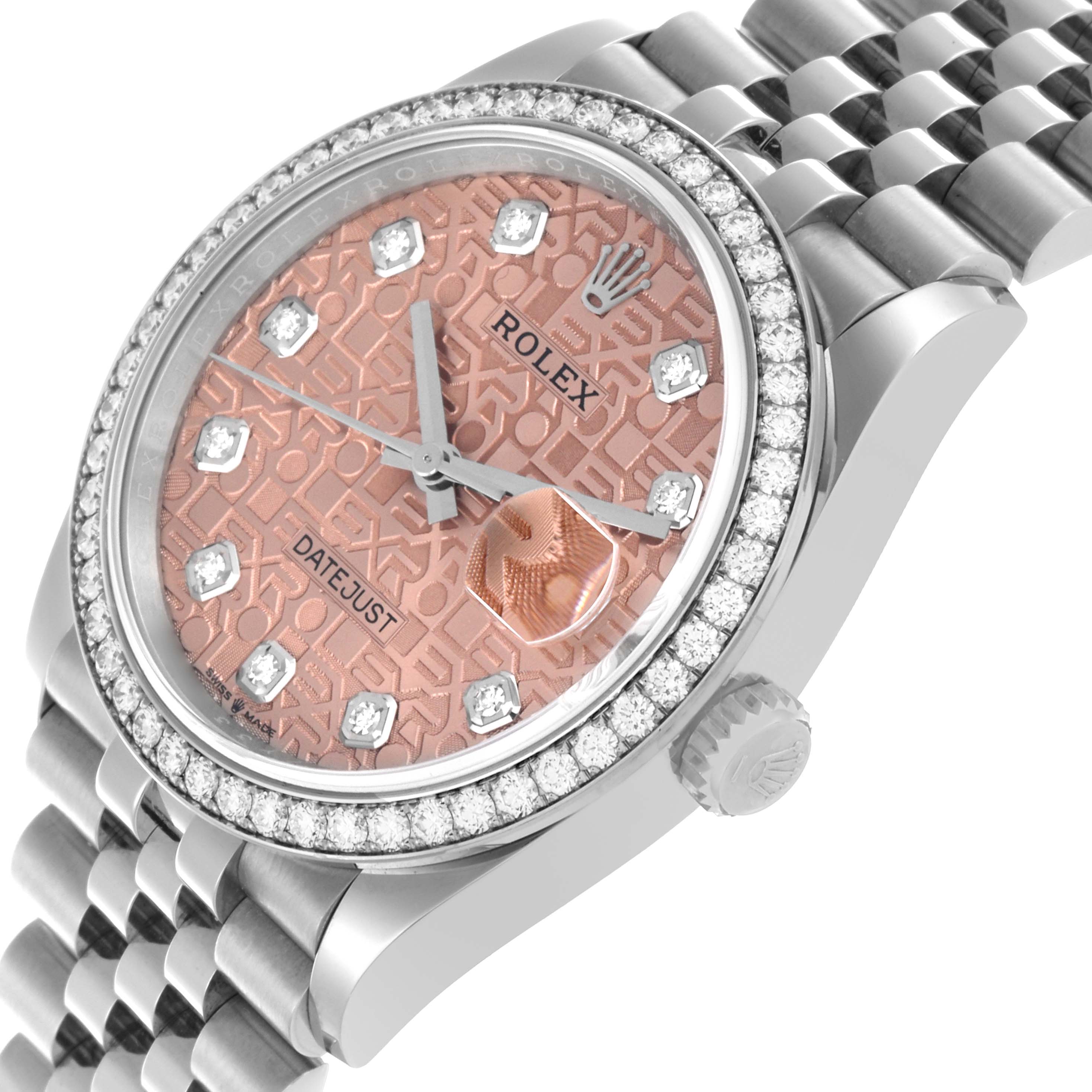 The Rolex Datejust 126284 Men's Stainless Steel Pink Dial 126284 Men's Stainless Steel Pink Dial watch is shown at an angle displaying the bezel, dial, part of the bracelet, and crown.
