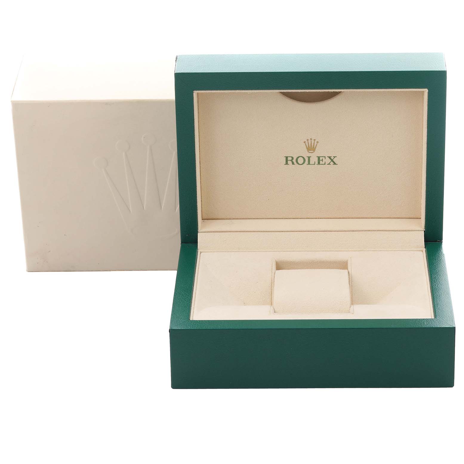 The image shows an open Rolex Datejust 126284 Men's Stainless Steel Pink Dial 126284 Men's Stainless Steel Pink Dial watch box with its lid displaying the brand logo.