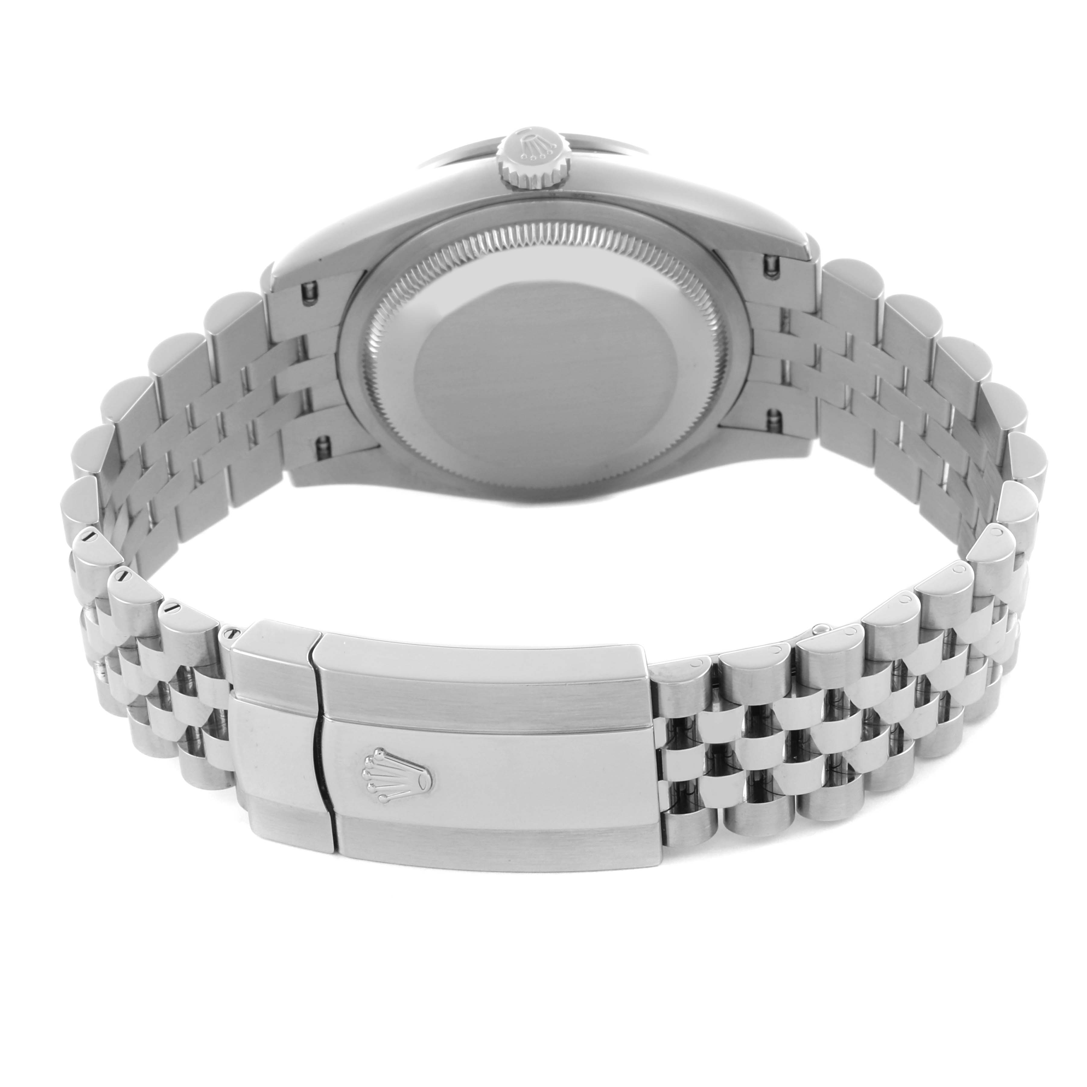 The image shows the back, bracelet, and clasp of a Rolex Datejust 126284 Men's Stainless Steel Pink Dial 126284 Men's Stainless Steel Pink Dial watch from a rear angle.