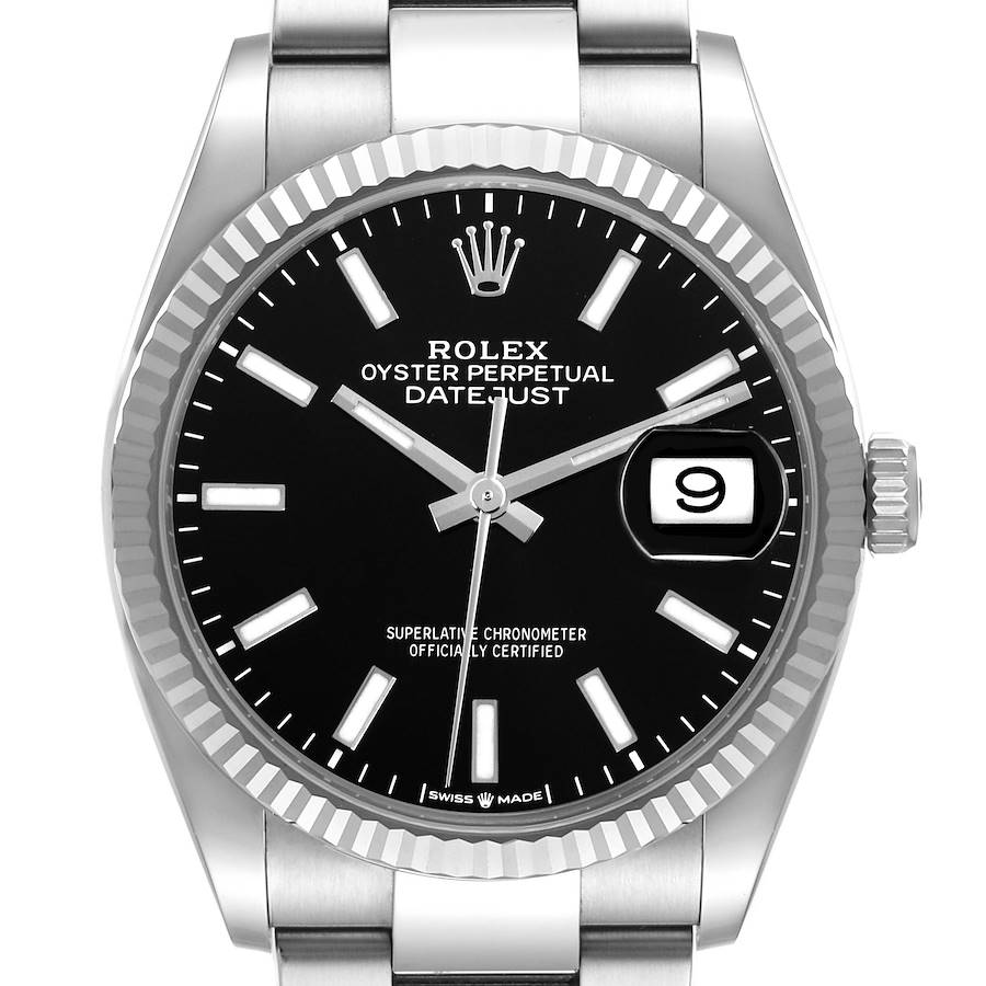 The Rolex Datejust watch is shown from the front, displaying the dial, bezel, and part of the bracelet.