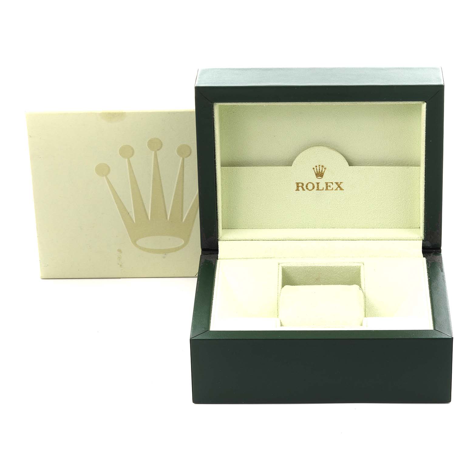 The image shows a Rolex Datejust 179174 Women's Stainless Steel Black Dial 179174 Women's Stainless Steel Black Dial watch box from a front angle, featuring its open interior and exterior packaging.