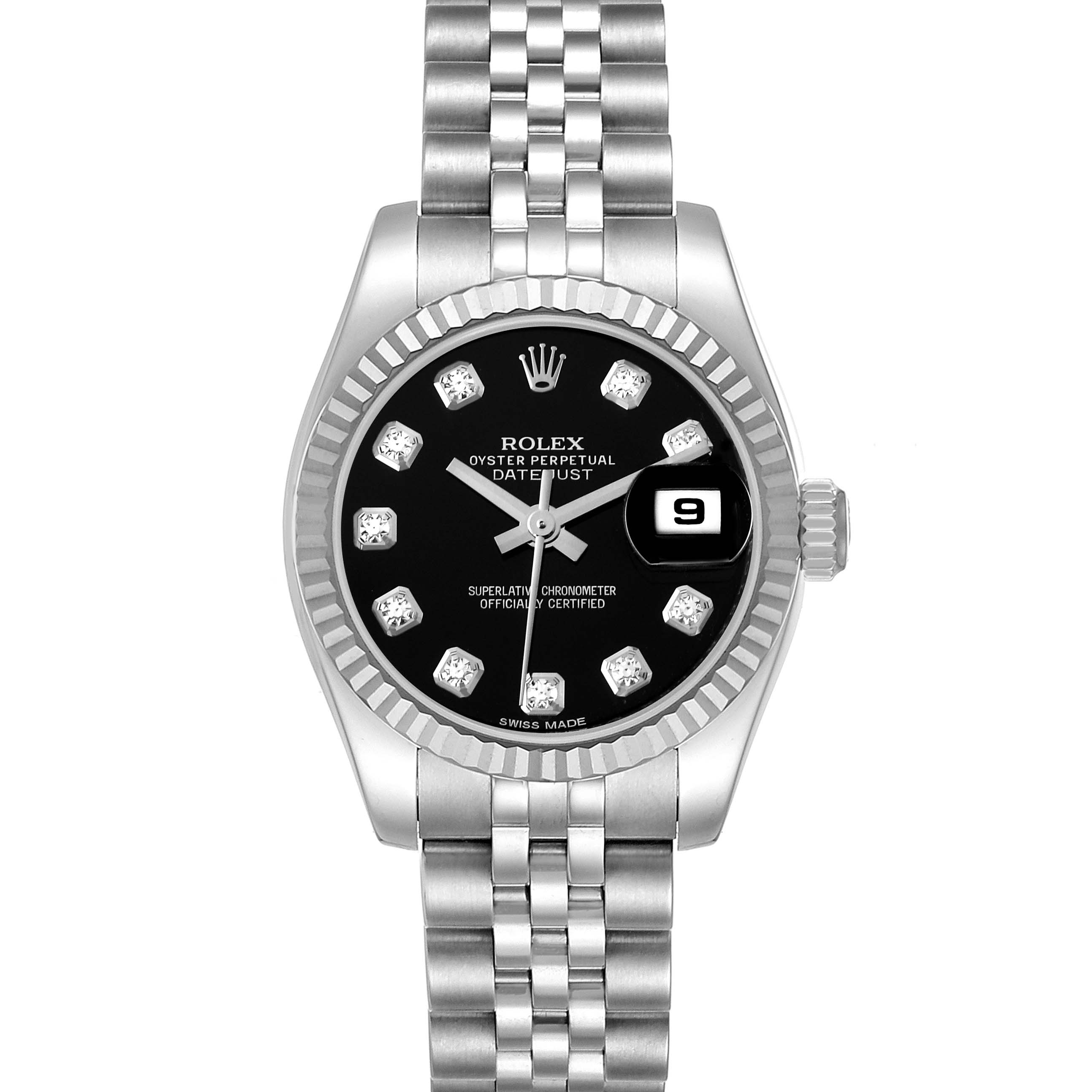 The Rolex Datejust 179174 Women's Stainless Steel Black Dial 179174 Women's Stainless Steel Black Dial watch is shown from the front, displaying its dial, bezel, and part of the bracelet.