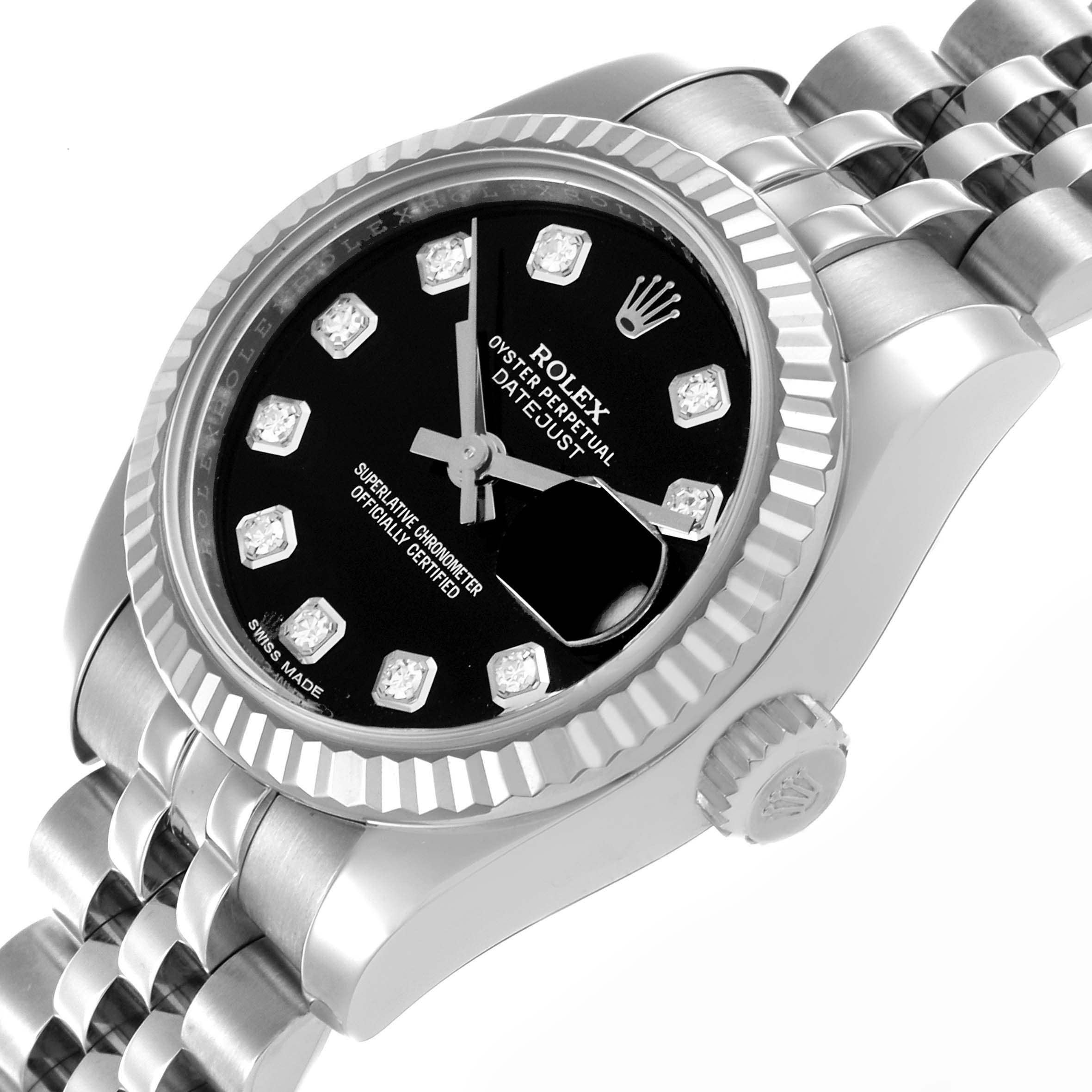 The Rolex Datejust 179174 Women's Stainless Steel Black Dial 179174 Women's Stainless Steel Black Dial watch is shown at a slight side angle, displaying its dial, bezel, crown, and part of the bracelet.