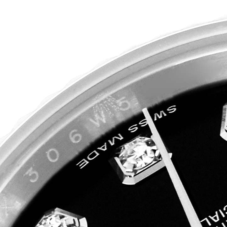 The image shows a close-up of the dial and diamond markers of a Rolex Datejust 179174 Women's Stainless Steel Black Dial 179174 Women's Stainless Steel Black Dial watch from an angled side view.