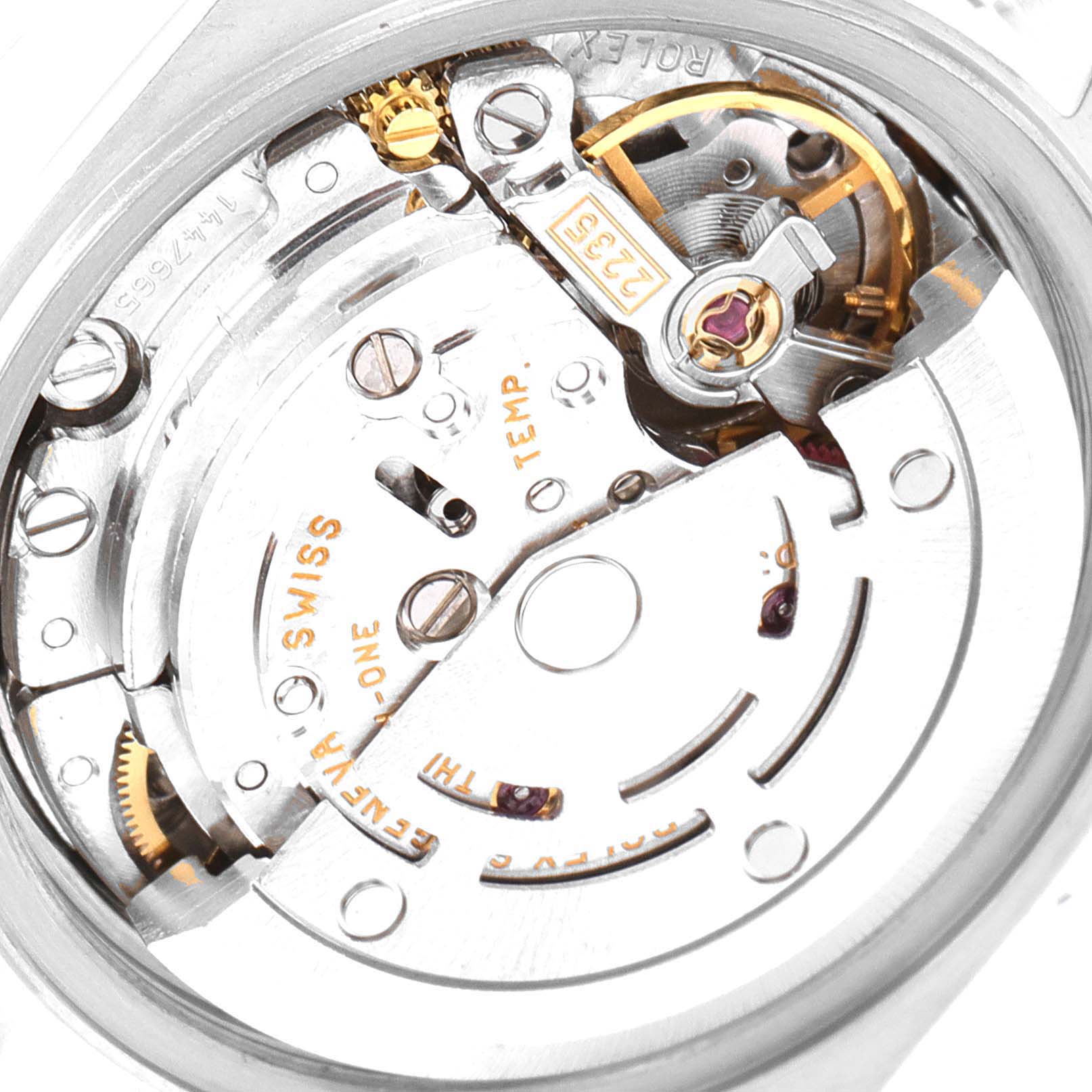 The image shows the inner mechanics of a Rolex Datejust 79174 Women
s Stainless Steel Blue Dial 79174 Women
s Stainless Steel Blue Dial watch, taken from the back with a focus on the movement components.