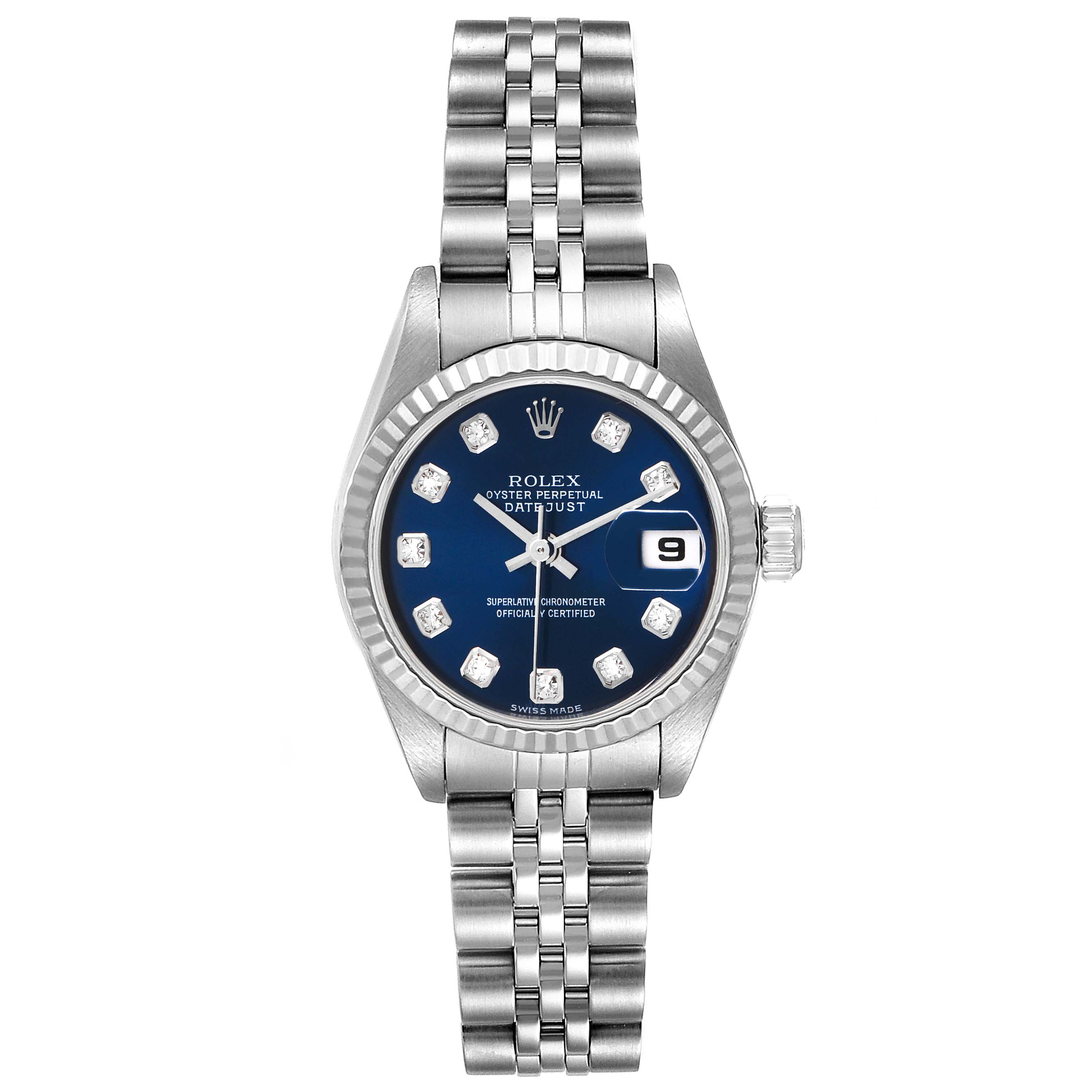 This Rolex Datejust 79174 Women
s Stainless Steel Blue Dial 79174 Women
s Stainless Steel Blue Dial watch is shown from the front, displaying the dial, bracelet, and crown.