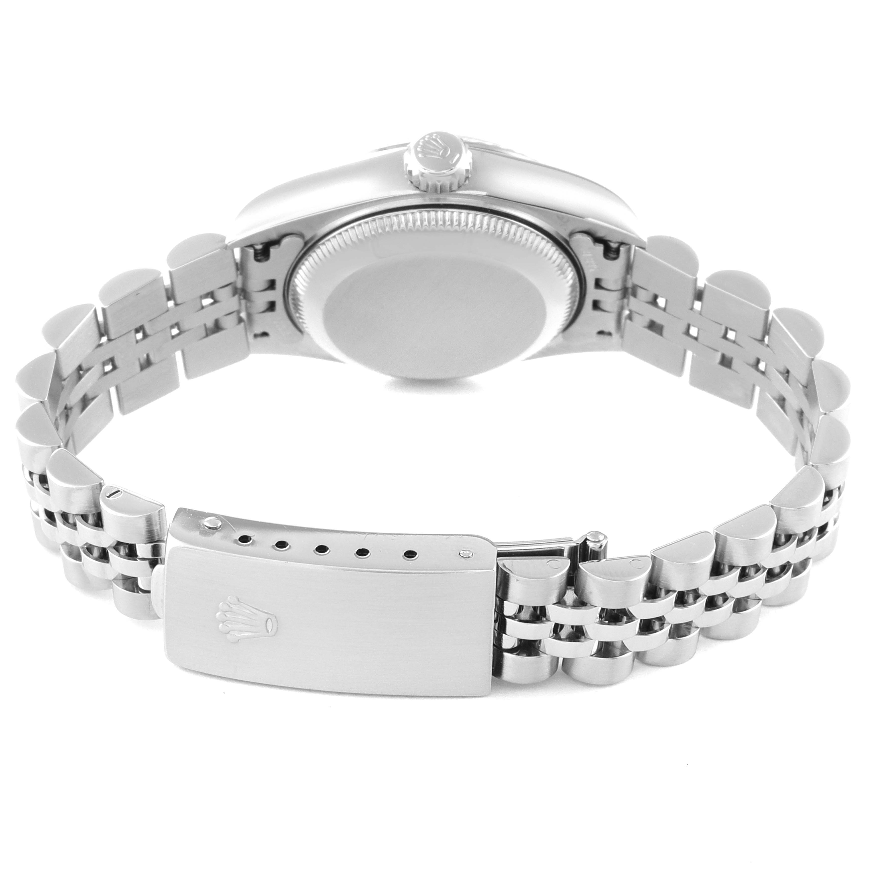 The image shows the back view of a Rolex Datejust 79174 Women
s Stainless Steel Blue Dial 79174 Women
s Stainless Steel Blue Dial watch, highlighting the clasp, bracelet, and case back.