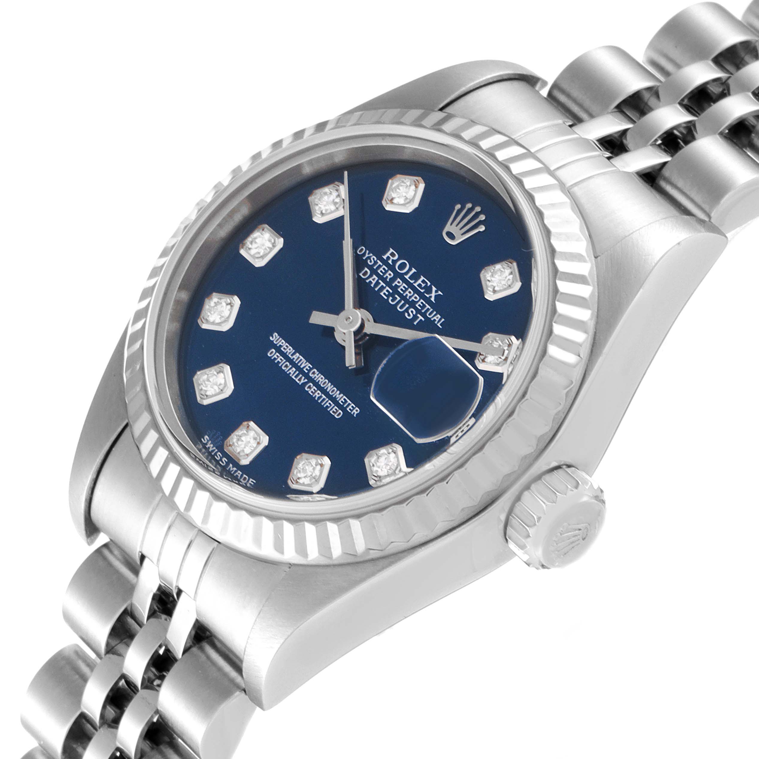 The Rolex Datejust 79174 Women
s Stainless Steel Blue Dial 79174 Women
s Stainless Steel Blue Dial watch is shown at a slight angle, highlighting the dial, hour markers, crown, and part of the bracelet.