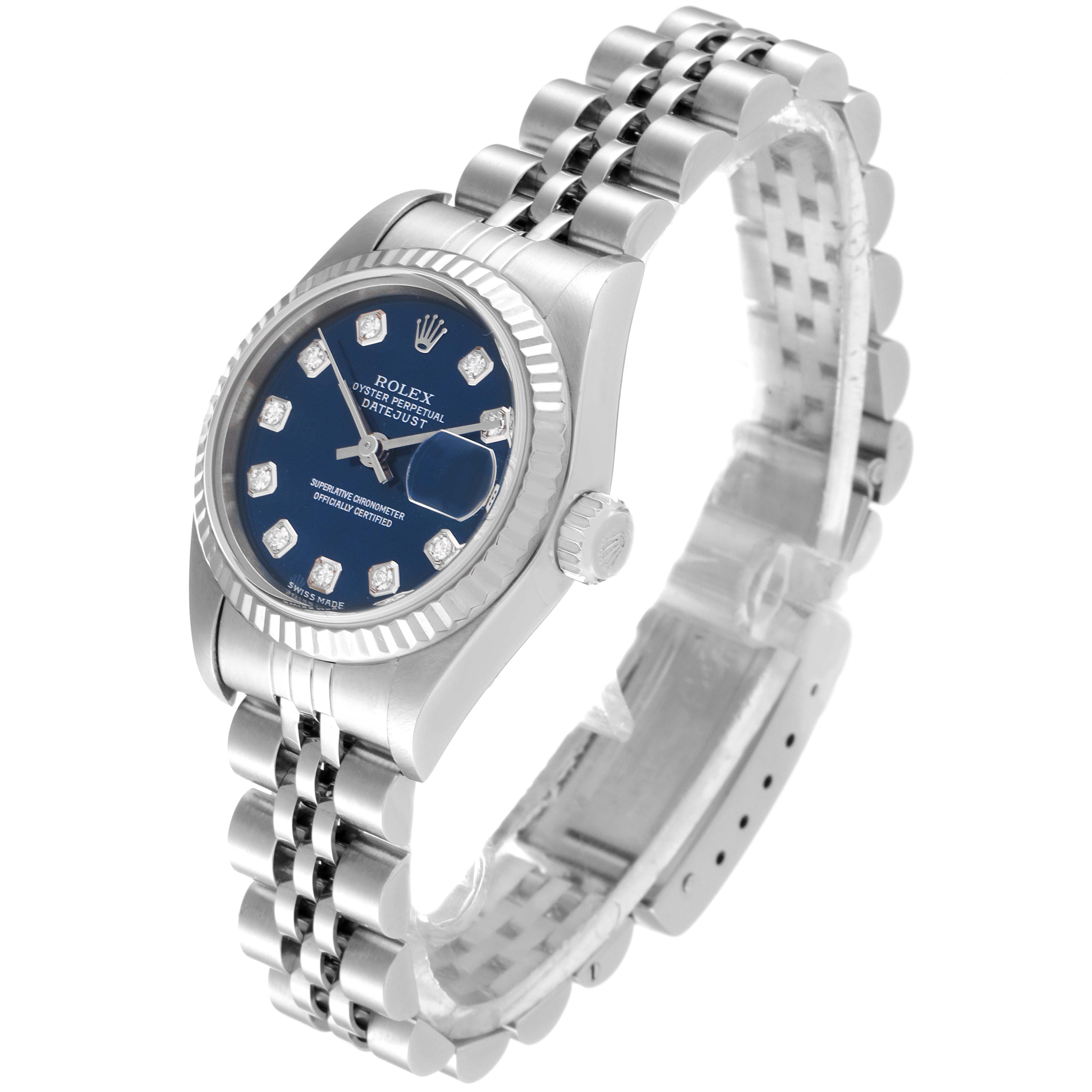 The image shows a Rolex Datejust 79174 Women
s Stainless Steel Blue Dial 79174 Women
s Stainless Steel Blue Dial watch at a slight angle displaying its dial, bezel, bracelet, and crown.