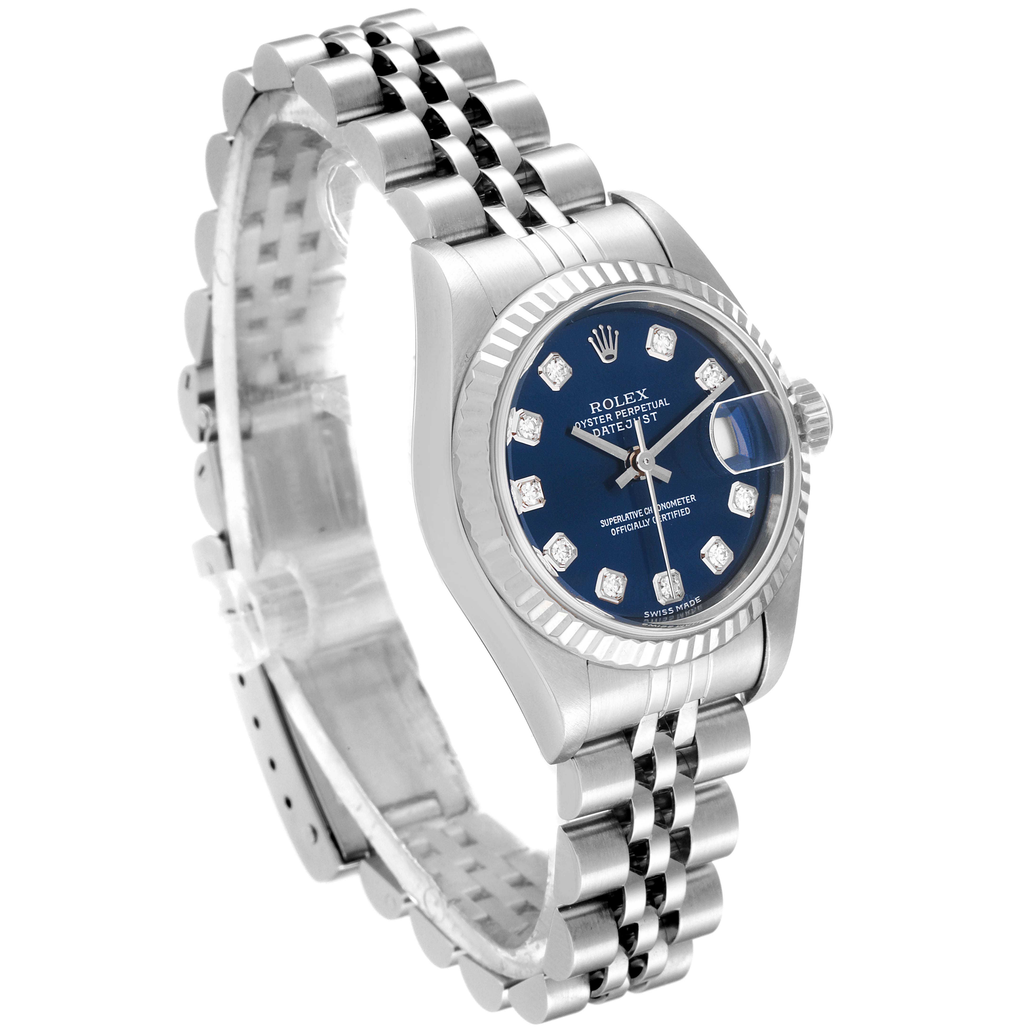 The image shows a Rolex Datejust 79174 Women
s Stainless Steel Blue Dial 79174 Women
s Stainless Steel Blue Dial watch at a three-quarter angle, highlighting the face, bezel, and bracelet.