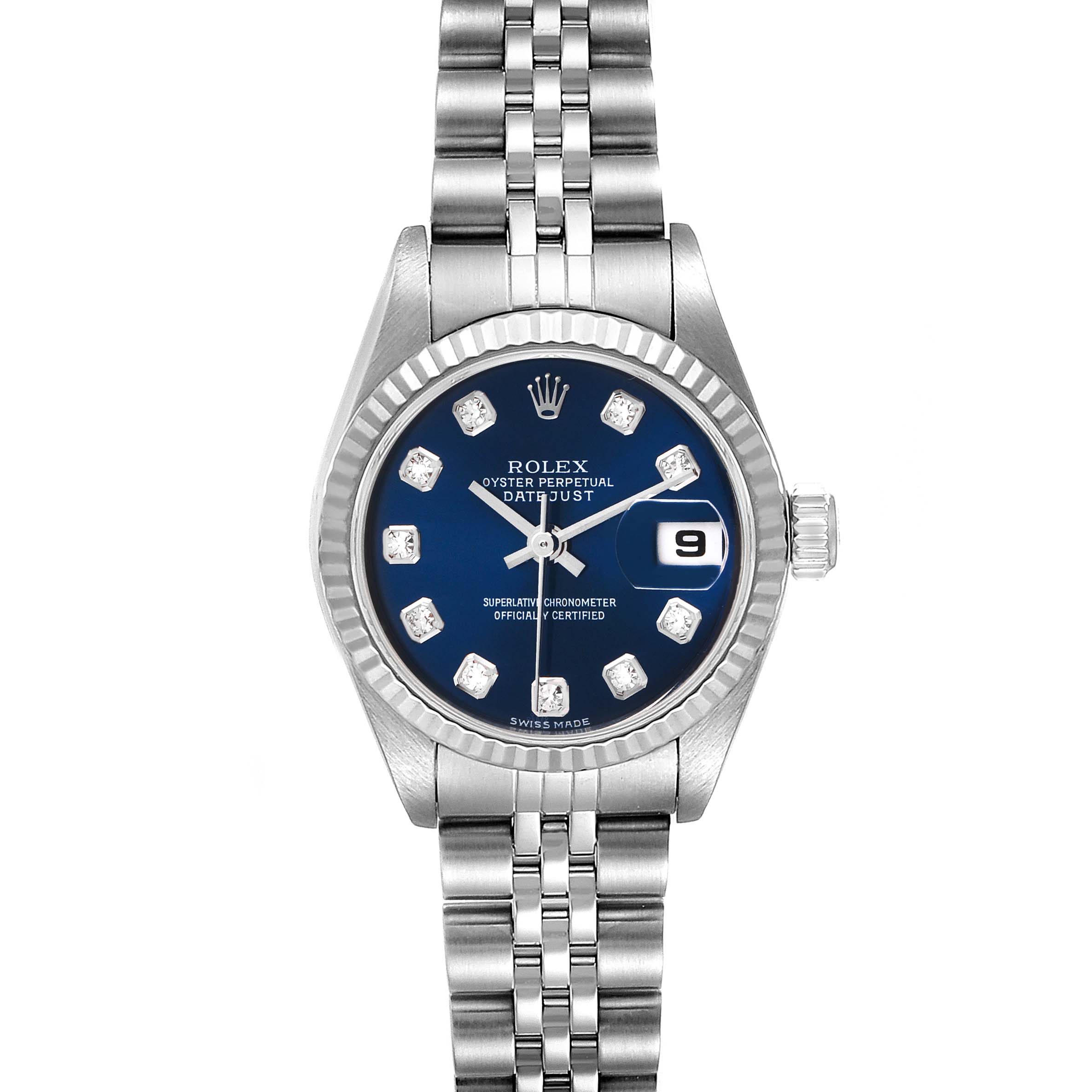 The image shows a Rolex Datejust 79174 Women
s Stainless Steel Blue Dial 79174 Women
s Stainless Steel Blue Dial watch from the front, featuring a blue dial, diamond markers, and a stainless steel bracelet.