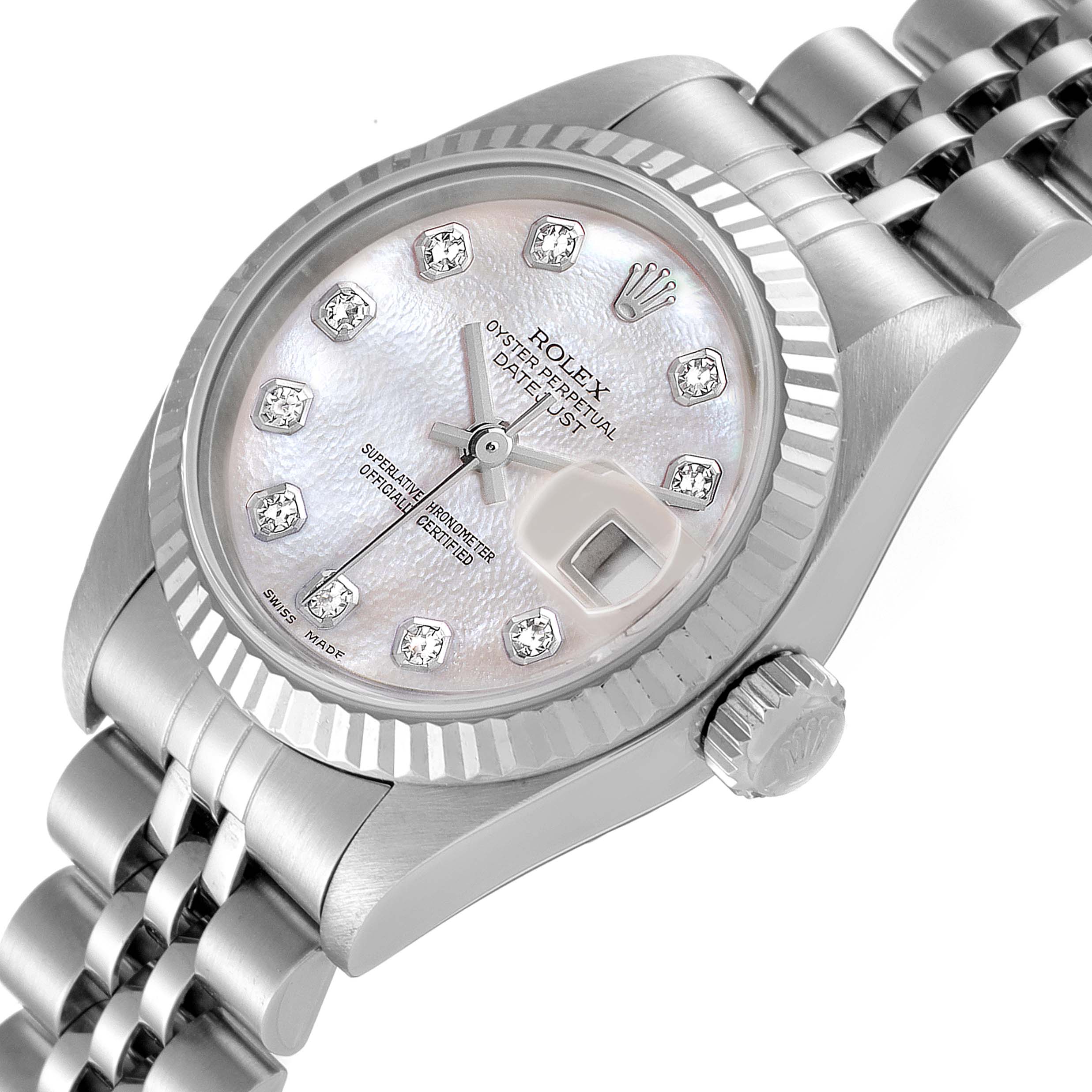 The Rolex Datejust 79174 Women
s Stainless Steel Mother of Pearl Dial 79174 Women
s Stainless Steel Mother of Pearl Dial watch is shown at an angle displaying the dial, crown, and a portion of the bracelet.