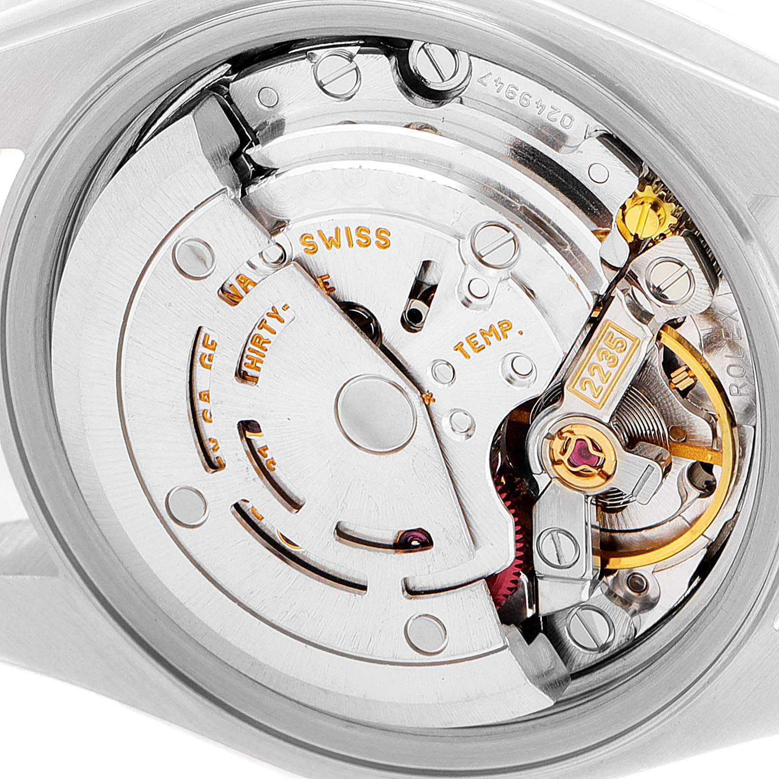 This image shows the movement and internal mechanism of a Rolex Datejust 79174 Women
s Stainless Steel Mother of Pearl Dial 79174 Women
s Stainless Steel Mother of Pearl Dial watch from the back angle.