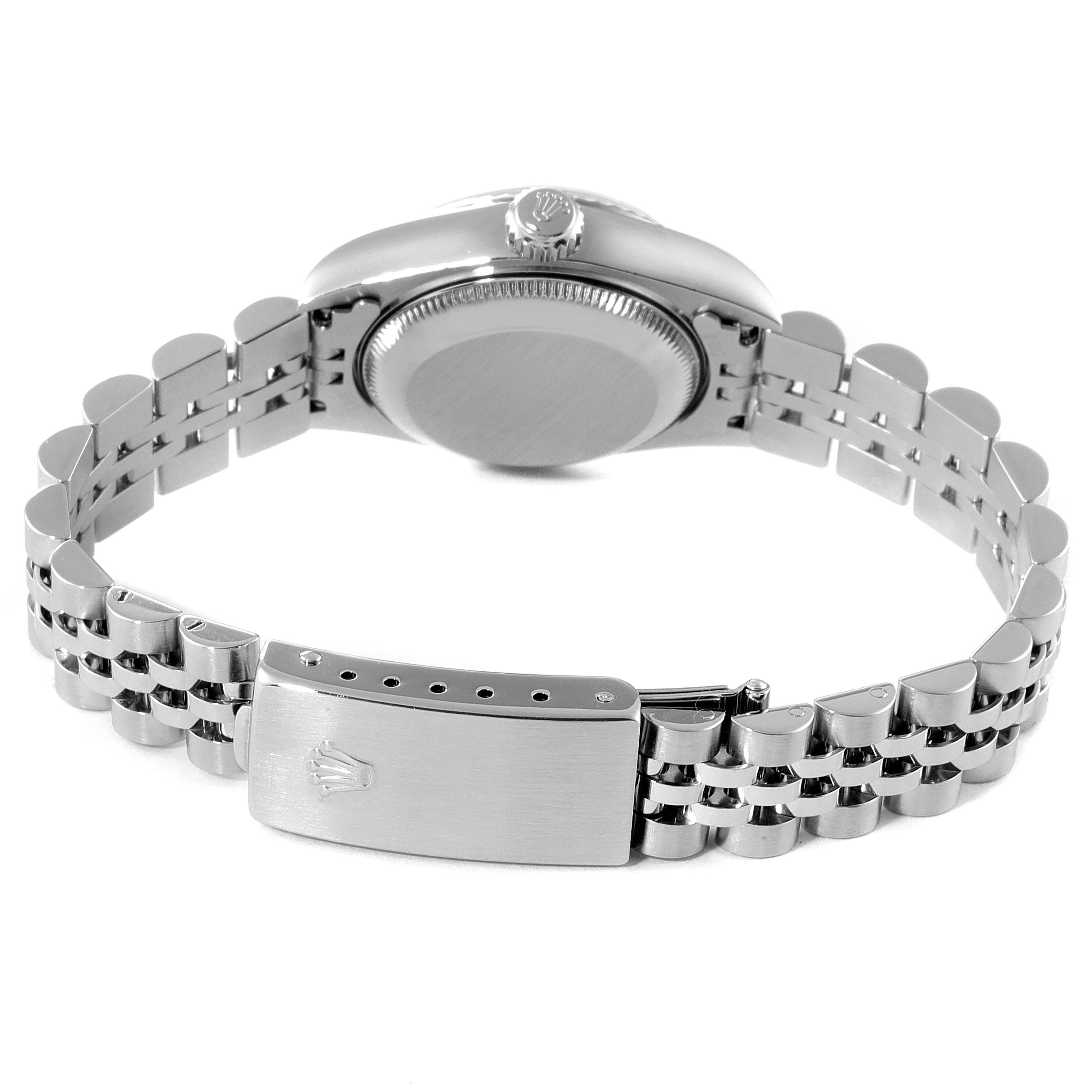 This image shows the back view of a Rolex Datejust 79174 Women
s Stainless Steel Mother of Pearl Dial 79174 Women
s Stainless Steel Mother of Pearl Dial watch, highlighting the clasp, bracelet, and case back.