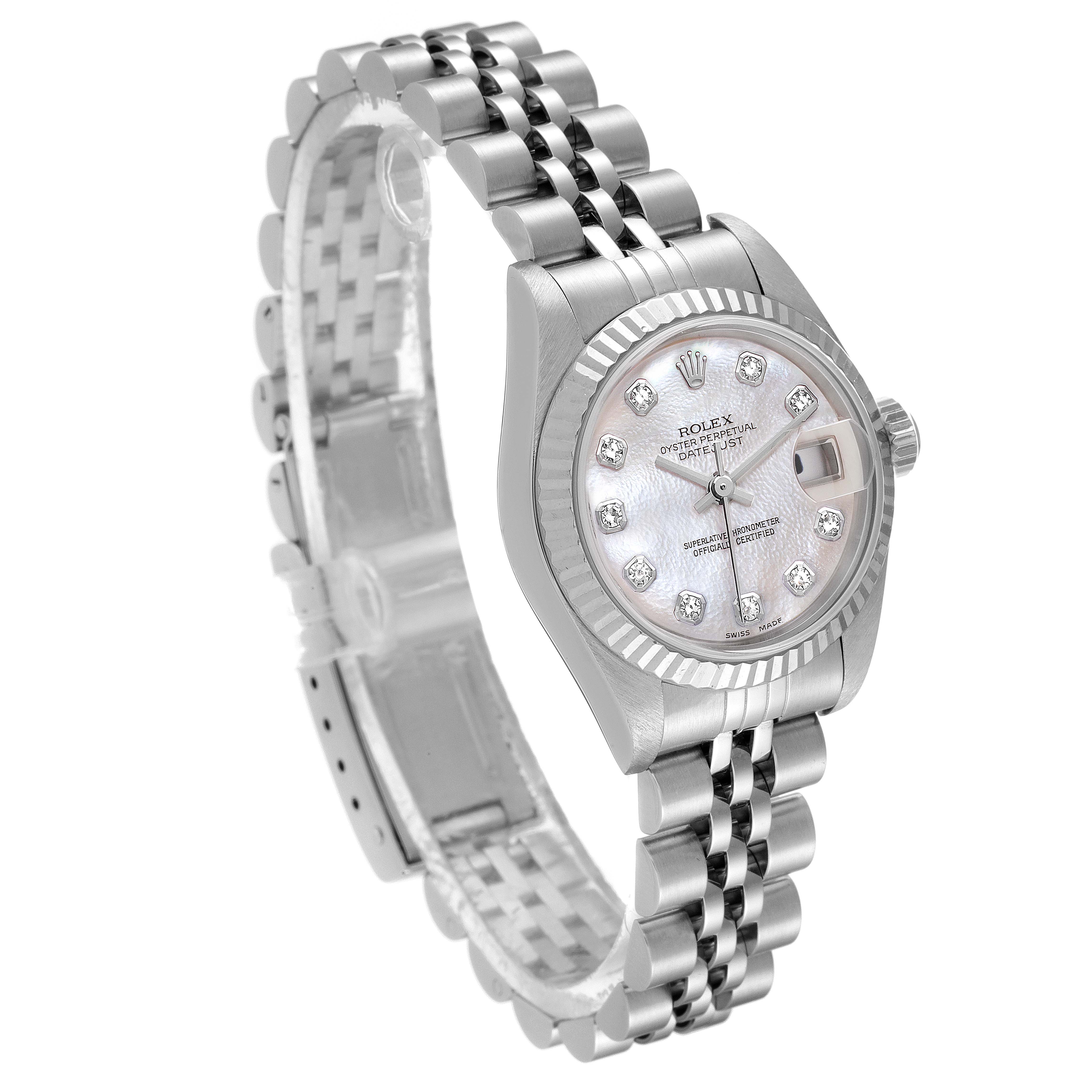 The image shows a side-angle view of a Rolex Datejust 79174 Women
s Stainless Steel Mother of Pearl Dial 79174 Women
s Stainless Steel Mother of Pearl Dial watch, highlighting its face, bezel, and Jubilee bracelet.