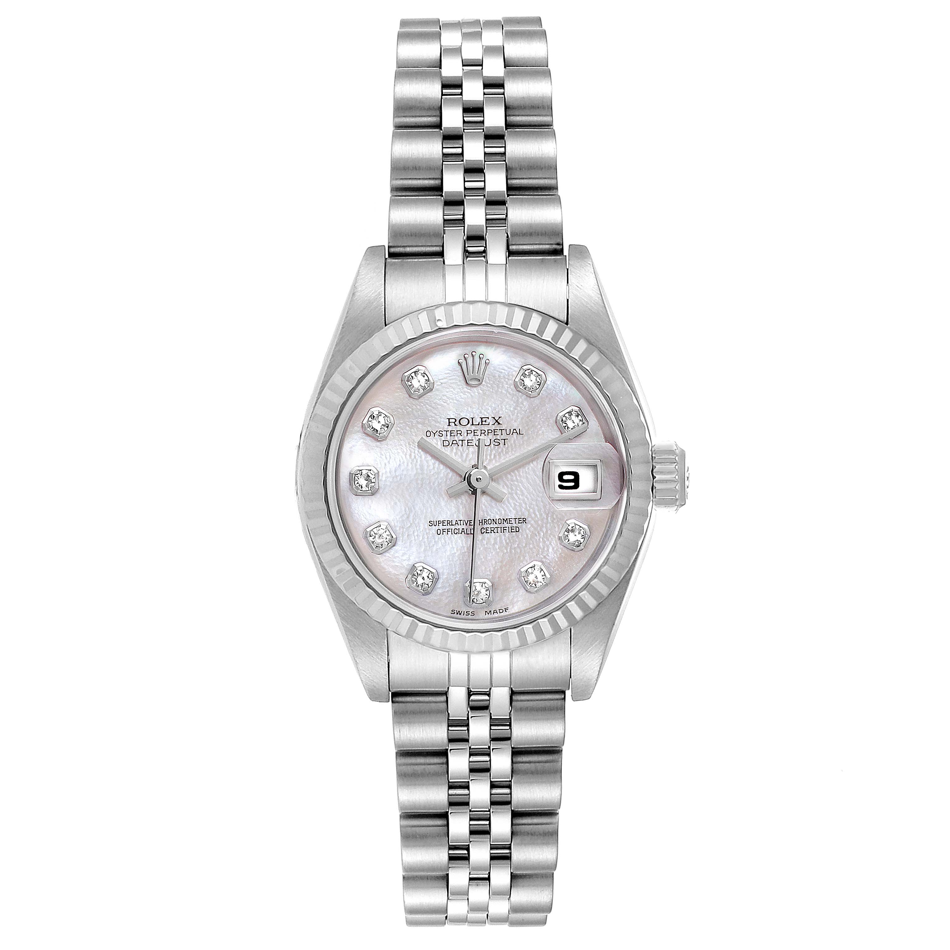 The image shows a full frontal view of a Rolex Datejust 79174 Women
s Stainless Steel Mother of Pearl Dial 79174 Women
s Stainless Steel Mother of Pearl Dial watch, displaying the dial, bezel, and bracelet.