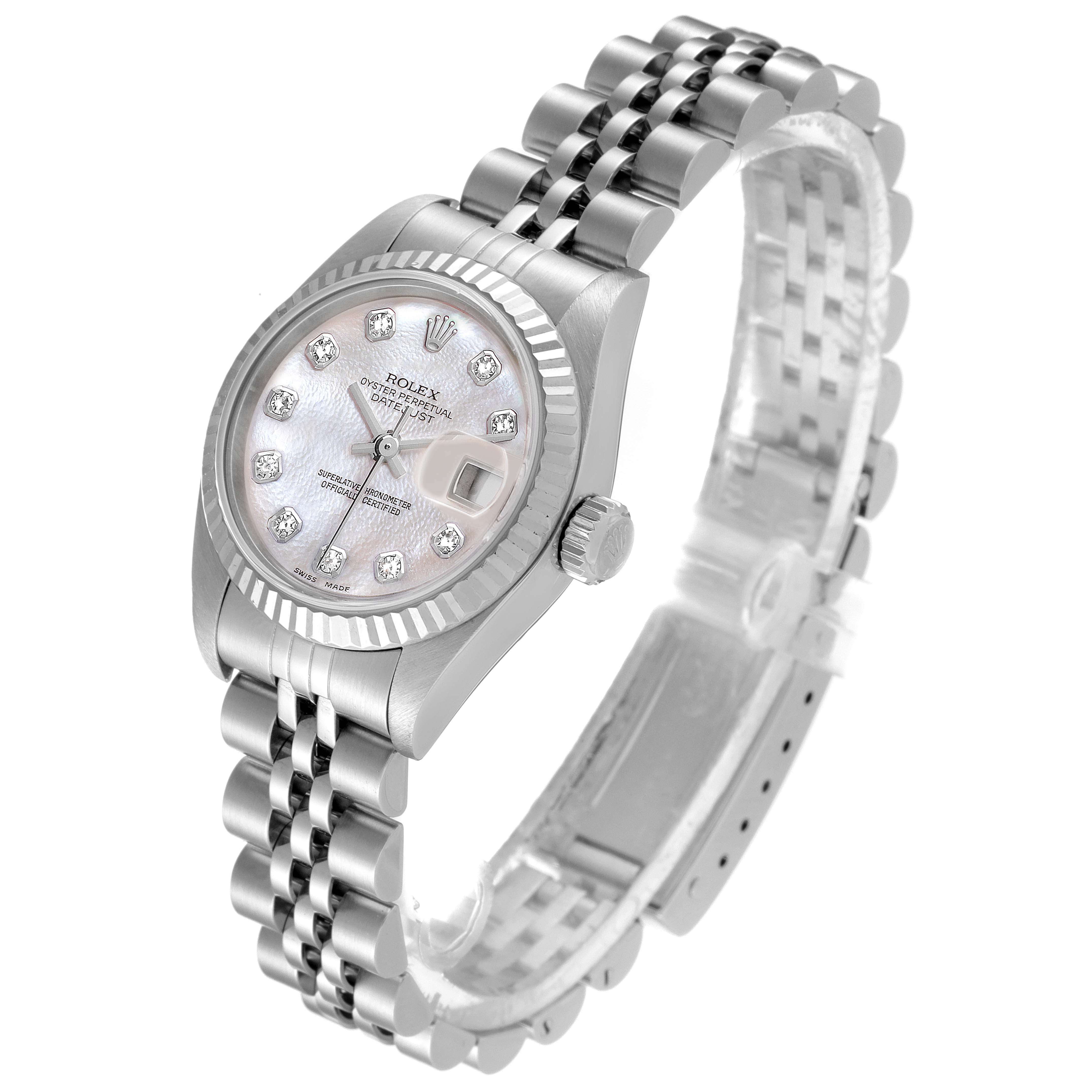 This image shows a Rolex Datejust 79174 Women
s Stainless Steel Mother of Pearl Dial 79174 Women
s Stainless Steel Mother of Pearl Dial model watch angled to display the face, bezel, crown, and a portion of the bracelet.