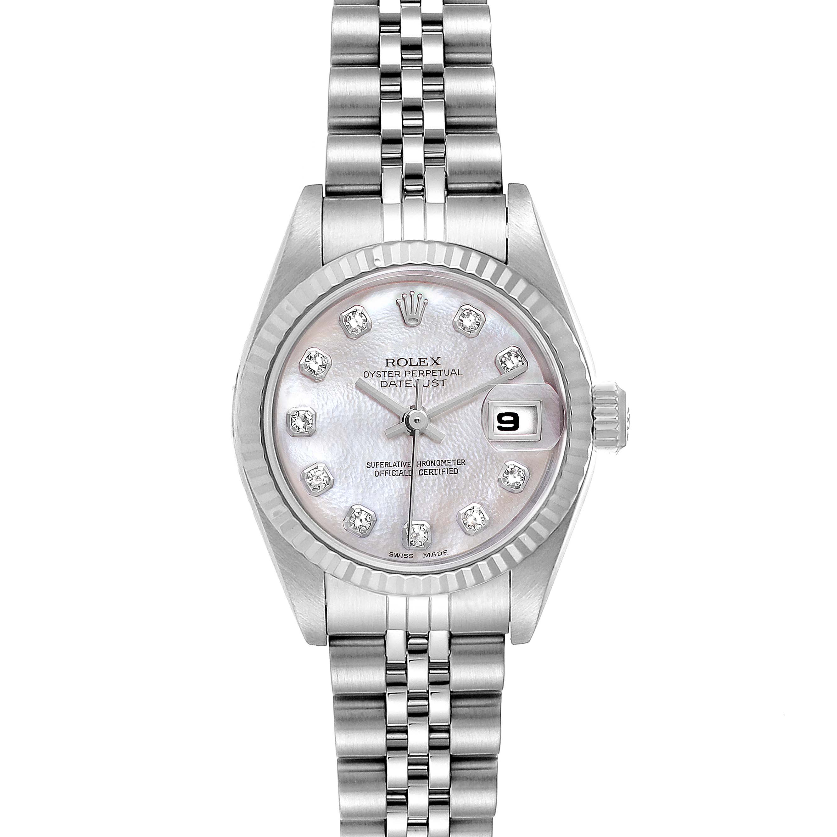The image shows a front view of a Rolex Datejust 79174 Women
s Stainless Steel Mother of Pearl Dial 79174 Women
s Stainless Steel Mother of Pearl Dial watch, featuring its dial, bezel, crown, and bracelet.