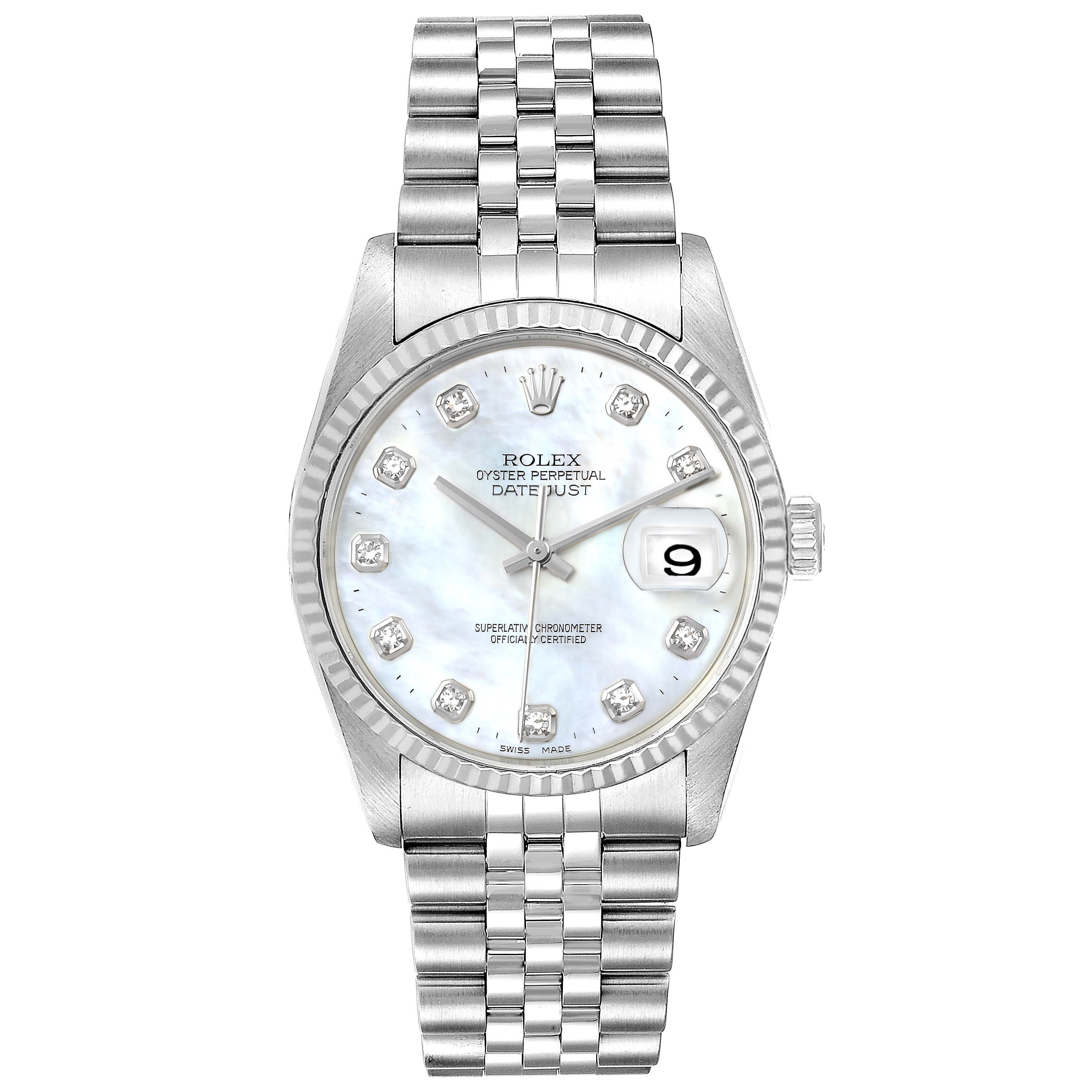 The image shows a Rolex Datejust 16234 Men
s Stainless Steel Mother of Pearl Dial 16234 Men
s Stainless Steel Mother of Pearl Dial watch, viewed from the front, displaying the dial, bracelet, crown, and fluted bezel.