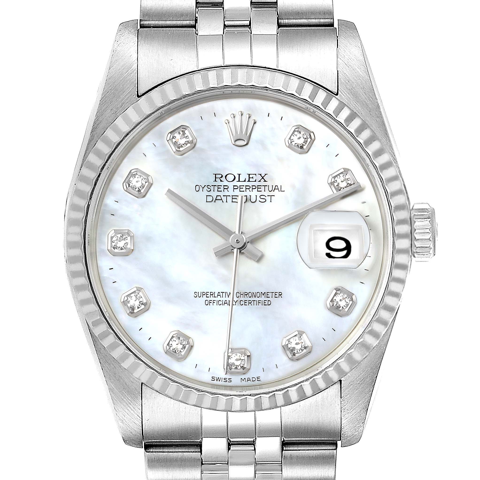 This is a front view of the Rolex Datejust 16234 Men
s Stainless Steel Mother of Pearl Dial 16234 Men
s Stainless Steel Mother of Pearl Dial watch, showing the dial, bezel, crown, and bracelet.