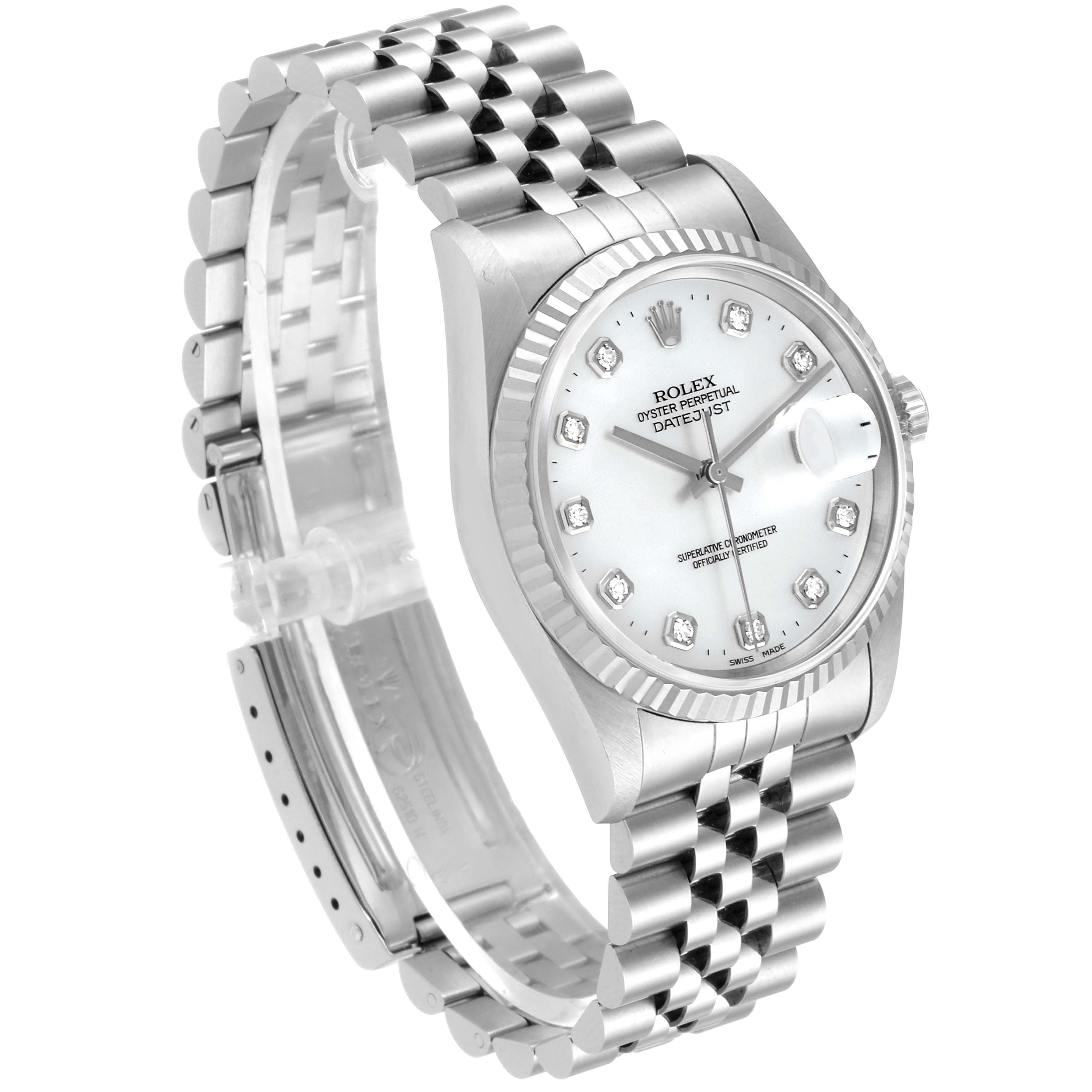 The Rolex Datejust 16234 Men
s Stainless Steel Mother of Pearl Dial 16234 Men
s Stainless Steel Mother of Pearl Dial watch is shown from an angled side view, displaying the dial, case, bezel, and bracelet.
