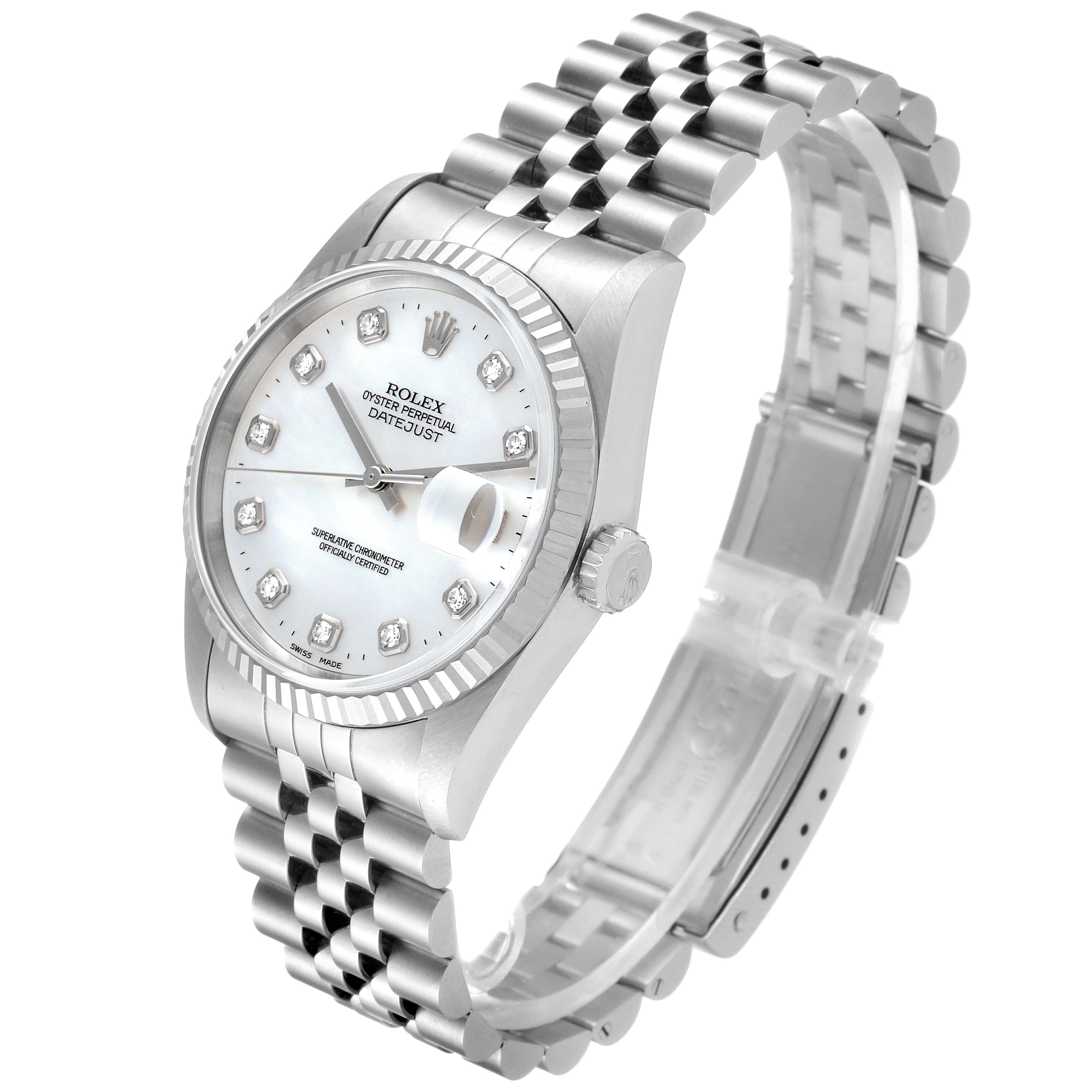 The image shows a Rolex Datejust 16234 Men
s Stainless Steel Mother of Pearl Dial 16234 Men
s Stainless Steel Mother of Pearl Dial watch at a slight angle, highlighting the face, bezel, and Jubilee bracelet.
