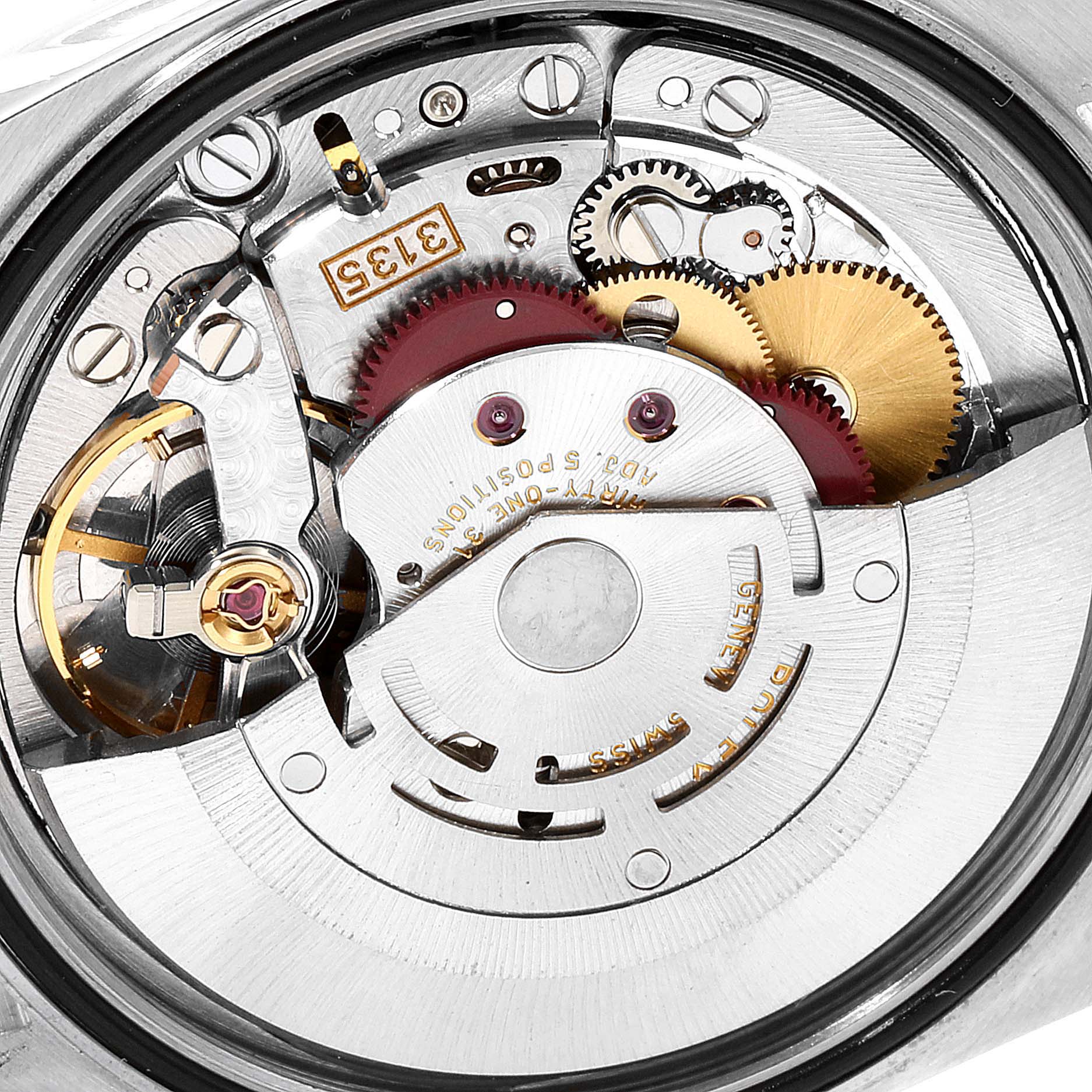 This image shows a close-up view of the internal mechanism of a Rolex Datejust 16234 Men
s Stainless Steel Mother of Pearl Dial 16234 Men
s Stainless Steel Mother of Pearl Dial watch, highlighting gears and components.