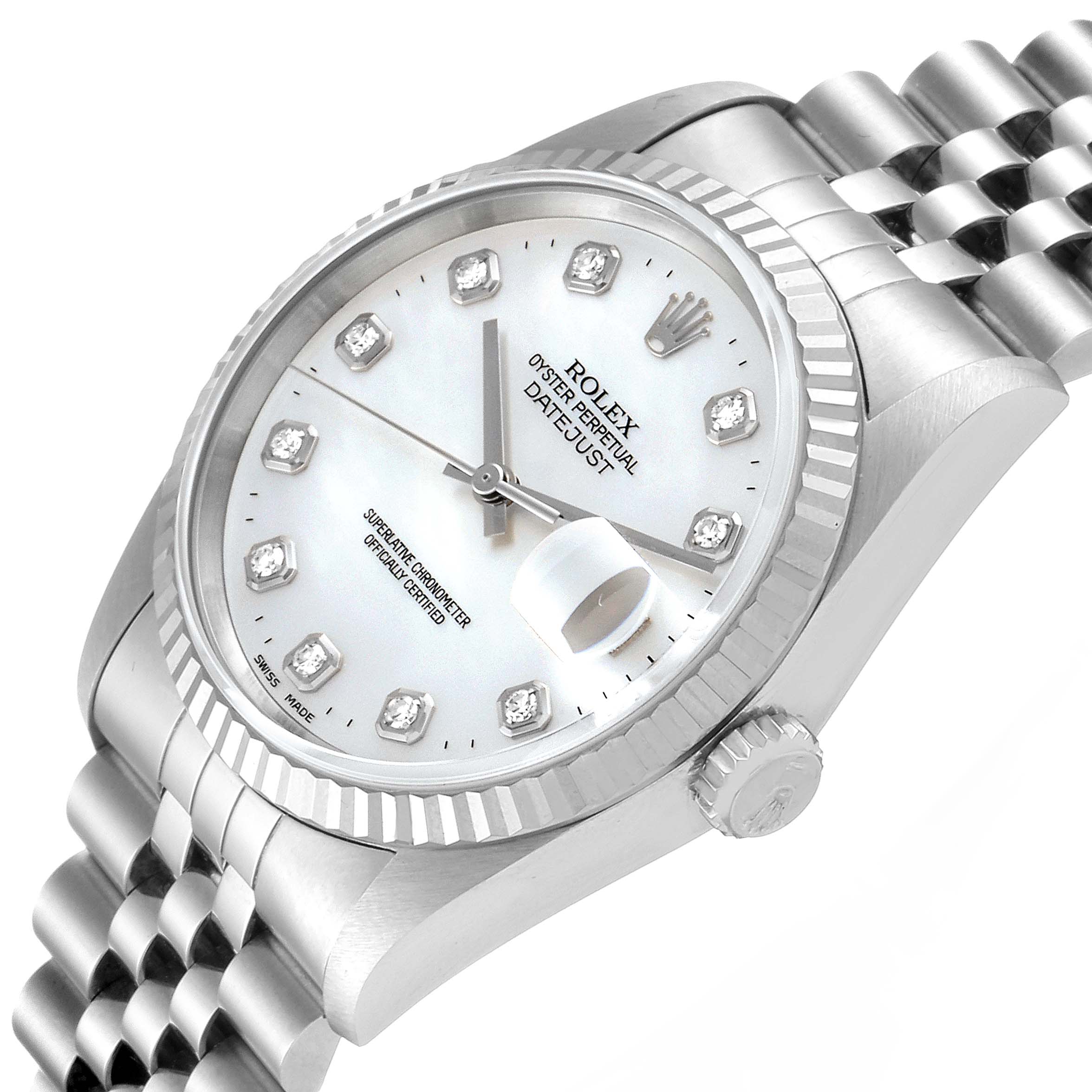 This image shows a Rolex Datejust 16234 Men
s Stainless Steel Mother of Pearl Dial 16234 Men
s Stainless Steel Mother of Pearl Dial watch at an angle highlighting the face, dial, crown, fluted bezel, and part of the bracelet.