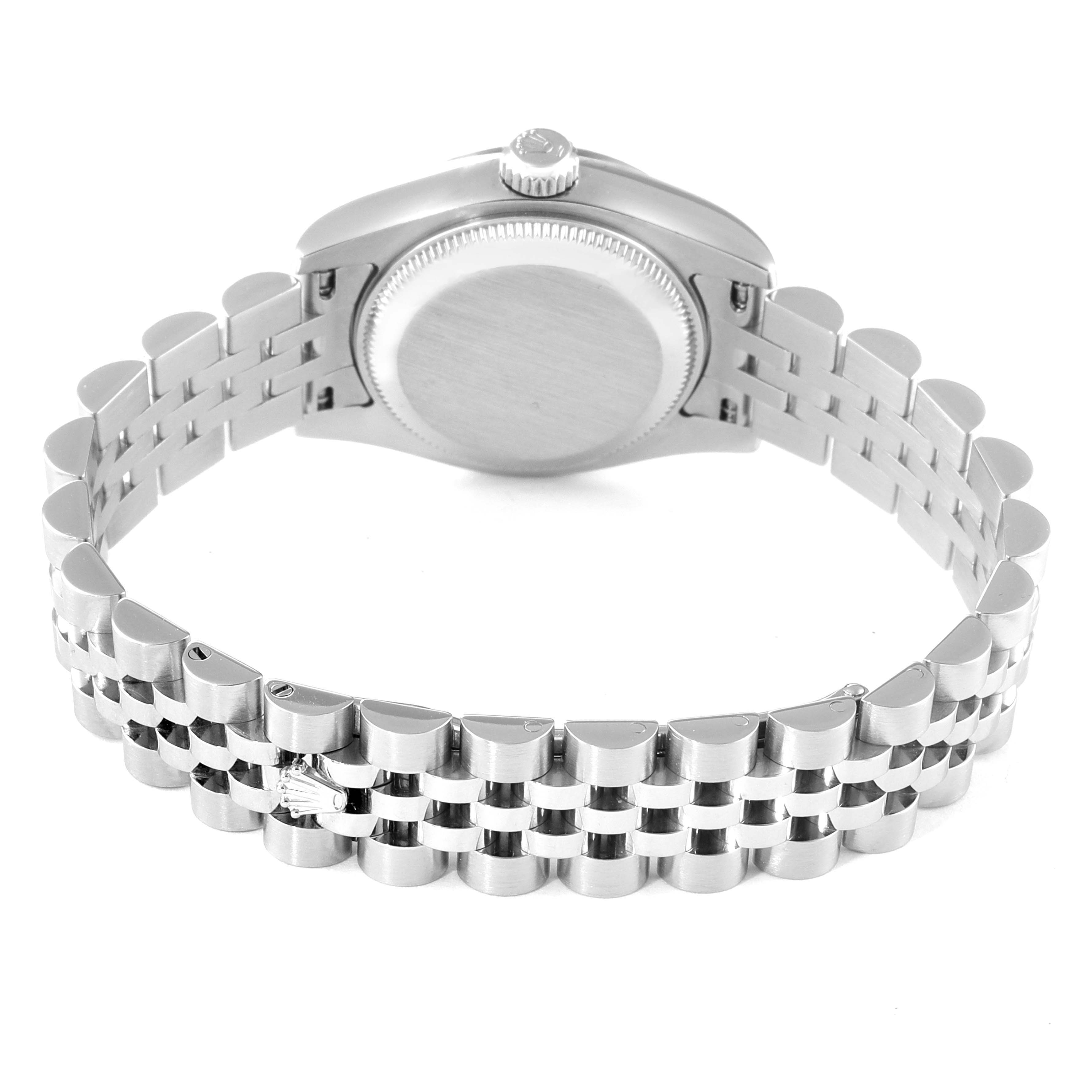 The image shows the back view of the Rolex Datejust 179174 Women
s Stainless Steel Silver Dial 179174 Women
s Stainless Steel Silver Dial watch, highlighting the case back and metal bracelet with the clasp.