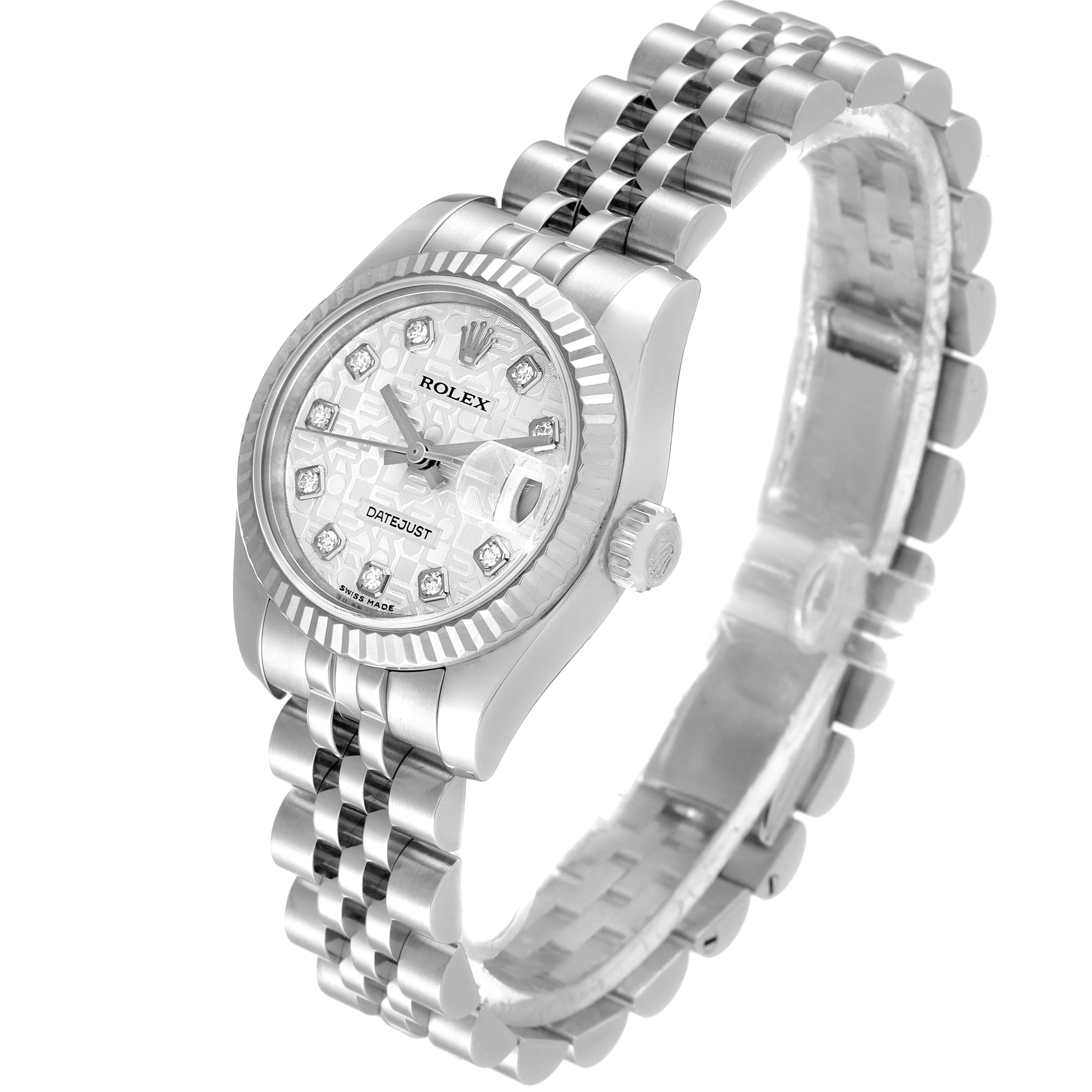This image shows a Rolex Datejust 179174 Women
s Stainless Steel Silver Dial 179174 Women
s Stainless Steel Silver Dial watch from a three-quarter angle, highlighting its face, band, and bezel.