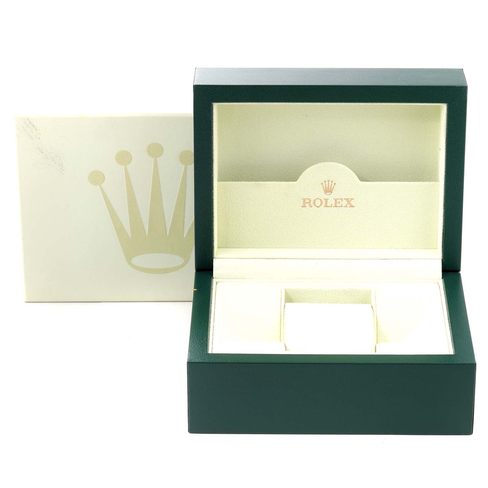 This image shows the empty packaging box for a Rolex Datejust 179174 Women
s Stainless Steel Silver Dial 179174 Women
s Stainless Steel Silver Dial watch, highlighting the inside and outside.