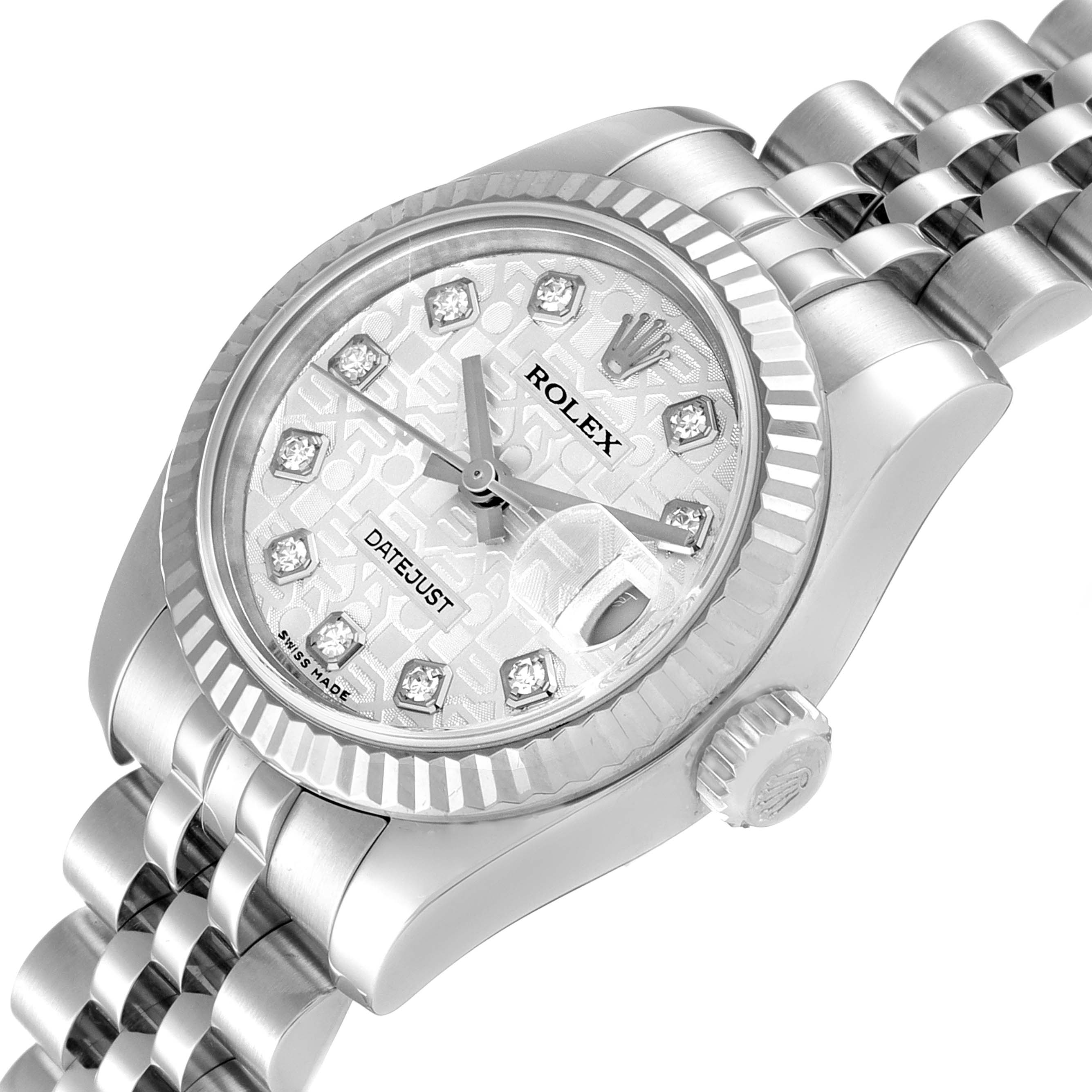The image shows a close-up, angled view of a Rolex Datejust 179174 Women
s Stainless Steel Silver Dial 179174 Women
s Stainless Steel Silver Dial watch featuring the dial, bezel, crown, and part of the bracelet.