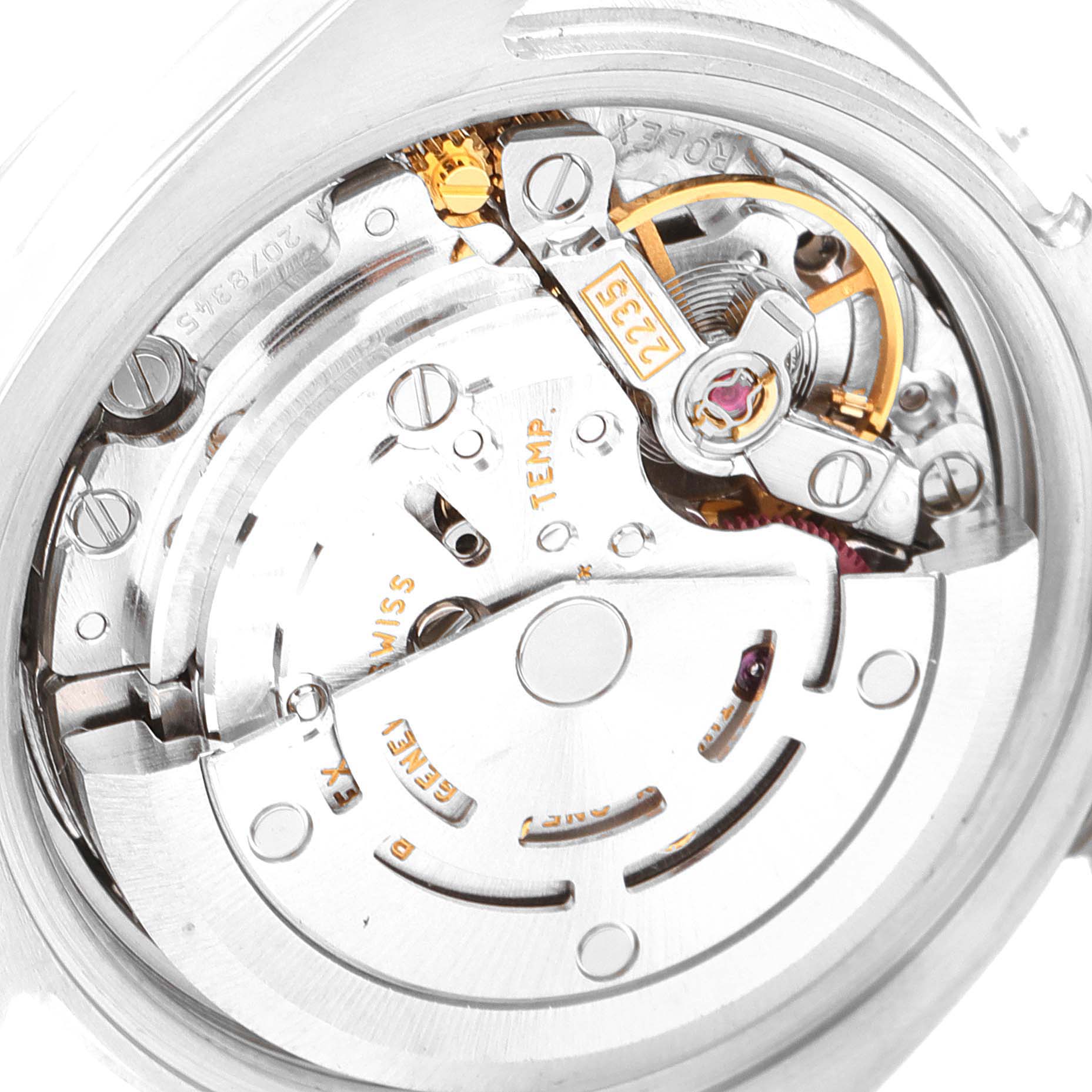 The image shows the internal mechanical movement of a Rolex Datejust 179174 Women
s Stainless Steel Silver Dial 179174 Women
s Stainless Steel Silver Dial watch viewed from the back.