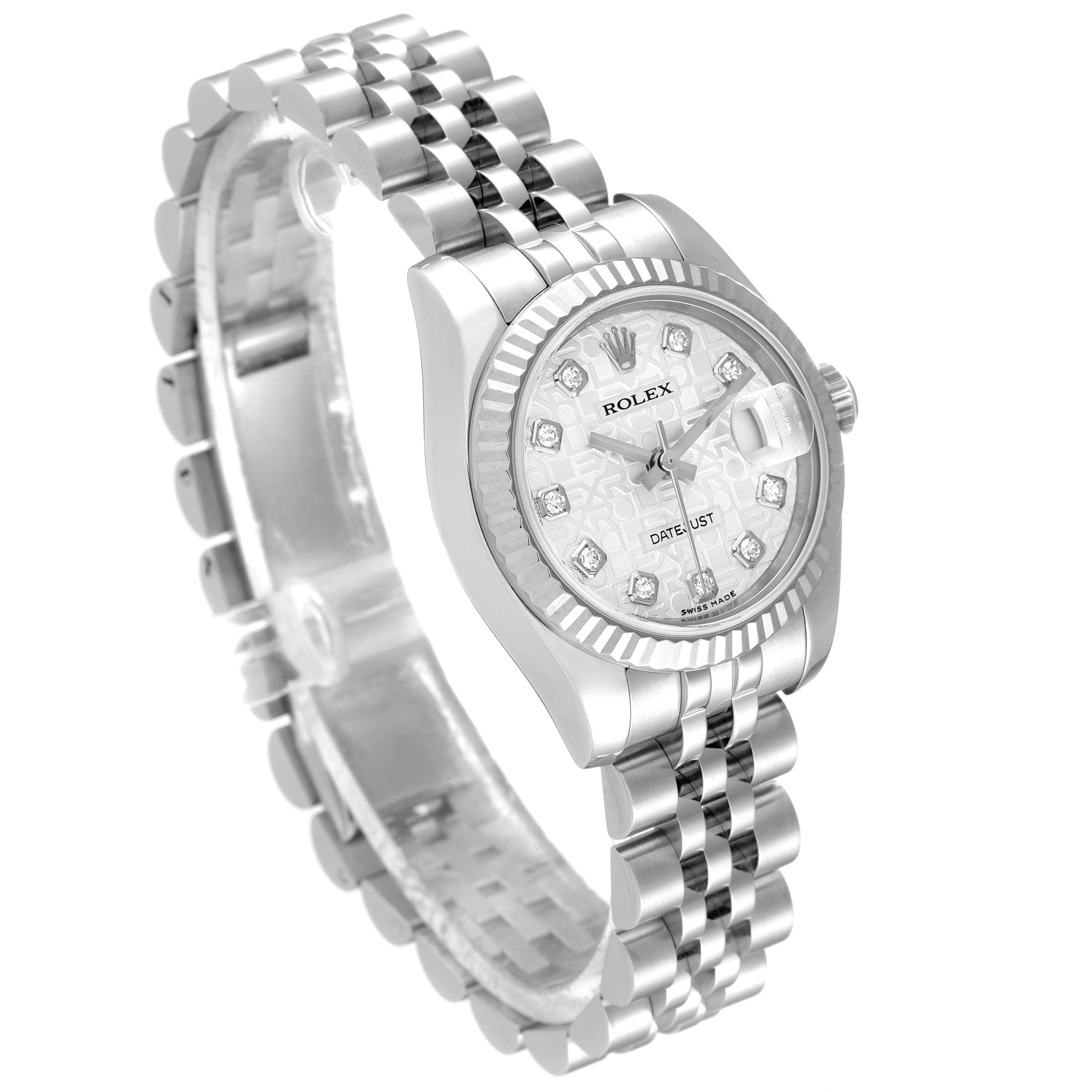 The image shows a Rolex Datejust 179174 Women
s Stainless Steel Silver Dial 179174 Women
s Stainless Steel Silver Dial watch at a three-quarter angle, displaying the bezel, dial, case, and bracelet.