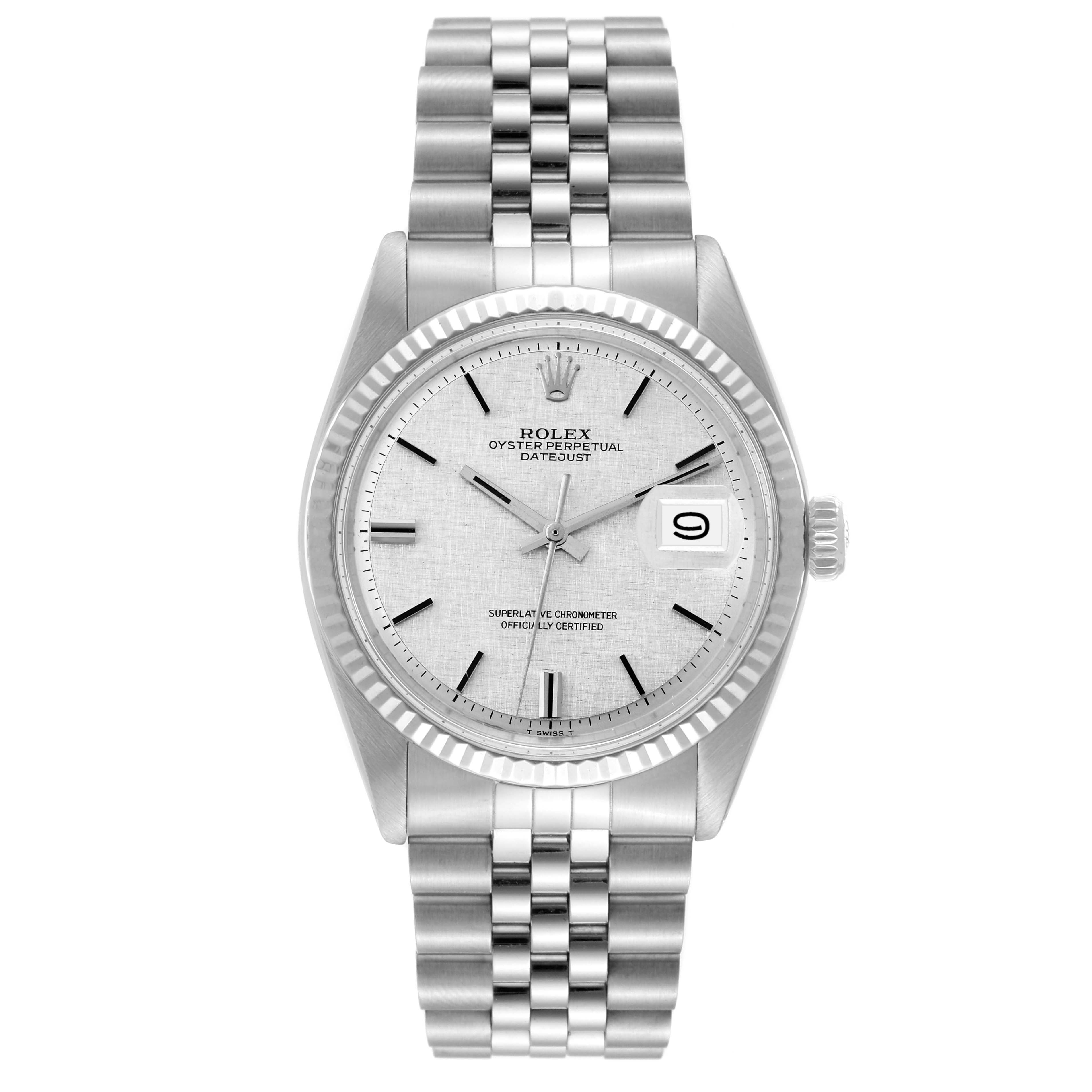 The image shows a frontal view of a Rolex Vintage Collection 1601 Men's Stainless Steel Silver Dial 1601 Men's Stainless Steel Silver Dial model watch, including the dial, bracelet, bezel, and crown.