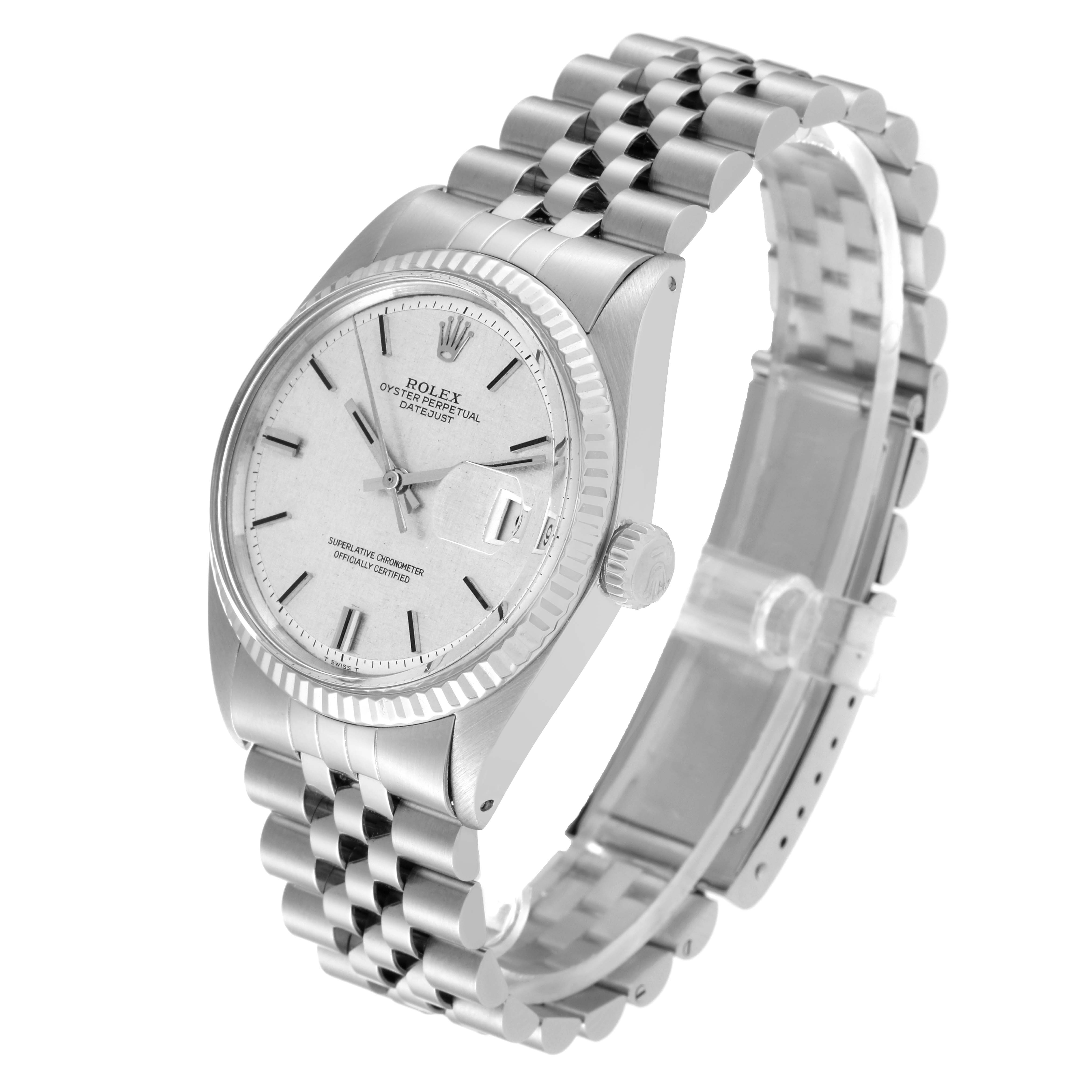 The Rolex Vintage Collection 1601 Men's Stainless Steel Silver Dial 1601 Men's Stainless Steel Silver Dial model is shown at a slight angle, highlighting its face, bezel, and bracelet.