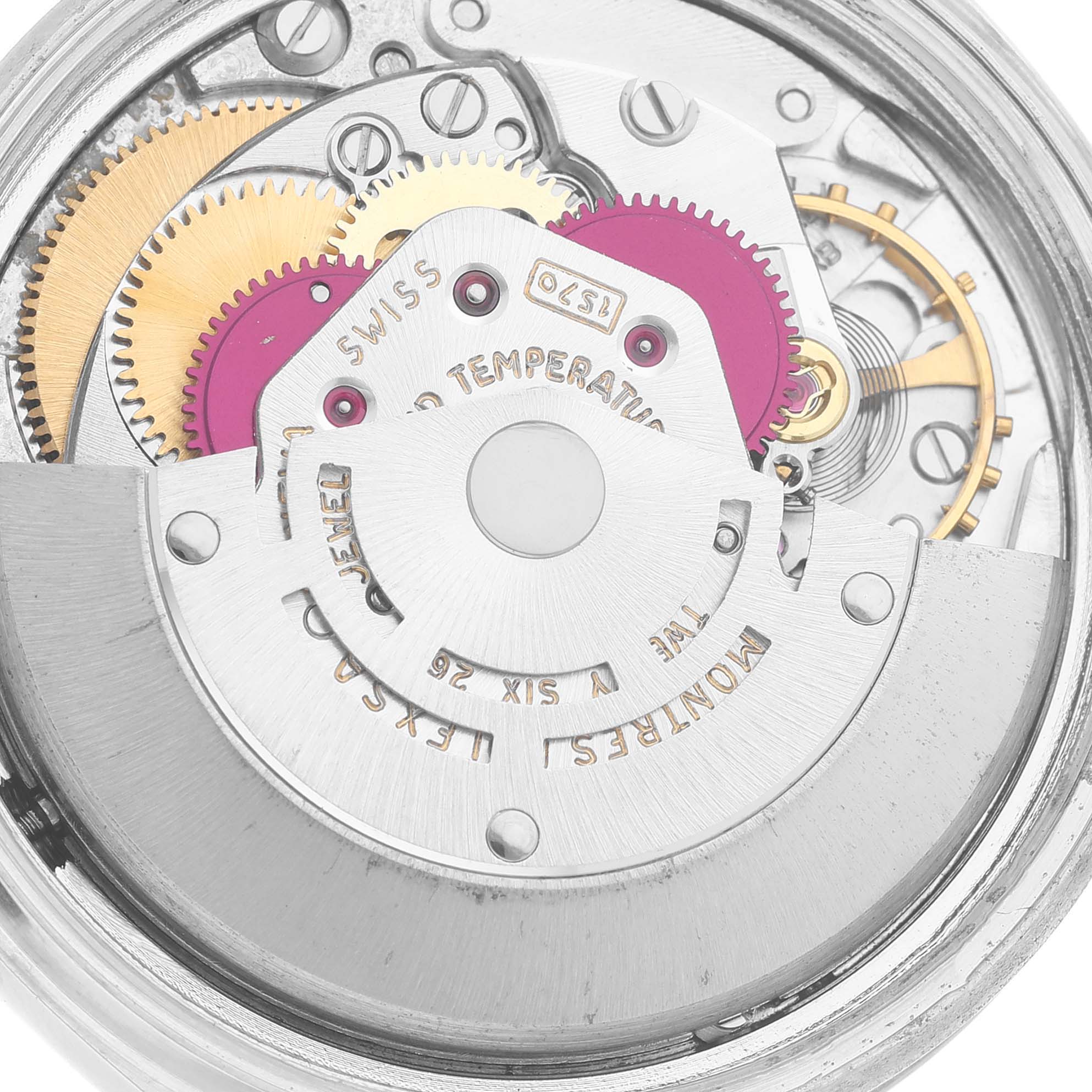 The image shows a close-up view of the intricate internal movement mechanism of the Rolex Vintage Collection 1601 Men's Stainless Steel Silver Dial 1601 Men's Stainless Steel Silver Dial watch.