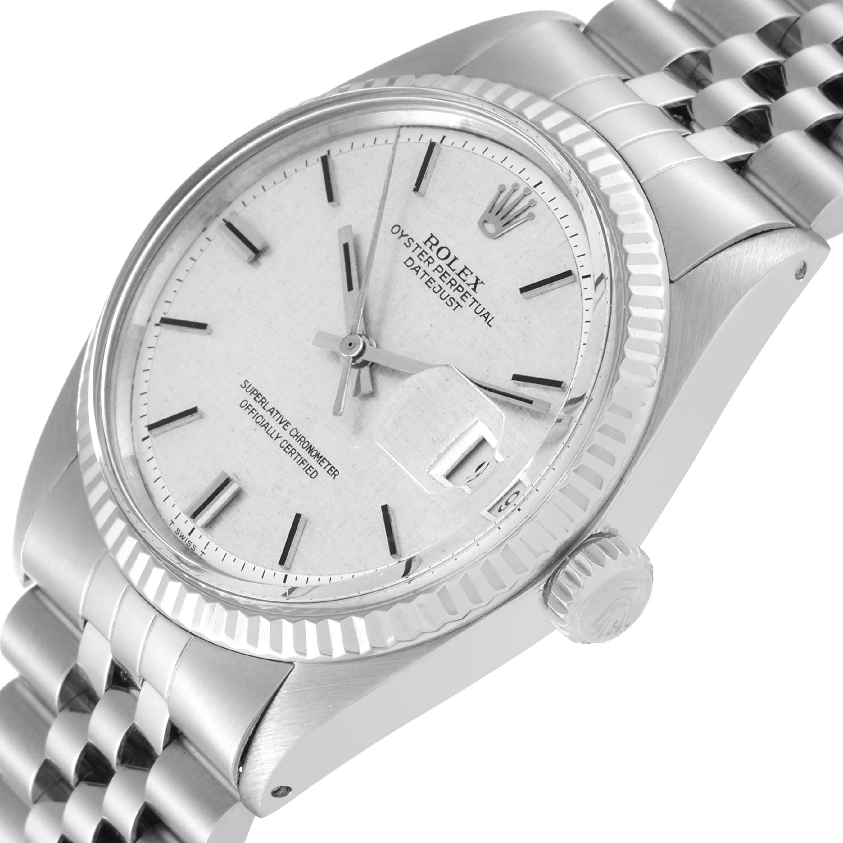 The Rolex Vintage Collection 1601 Men's Stainless Steel Silver Dial 1601 Men's Stainless Steel Silver Dial watch is shown from an angled, up-close view, highlighting the dial, crown, and part of the bracelet.