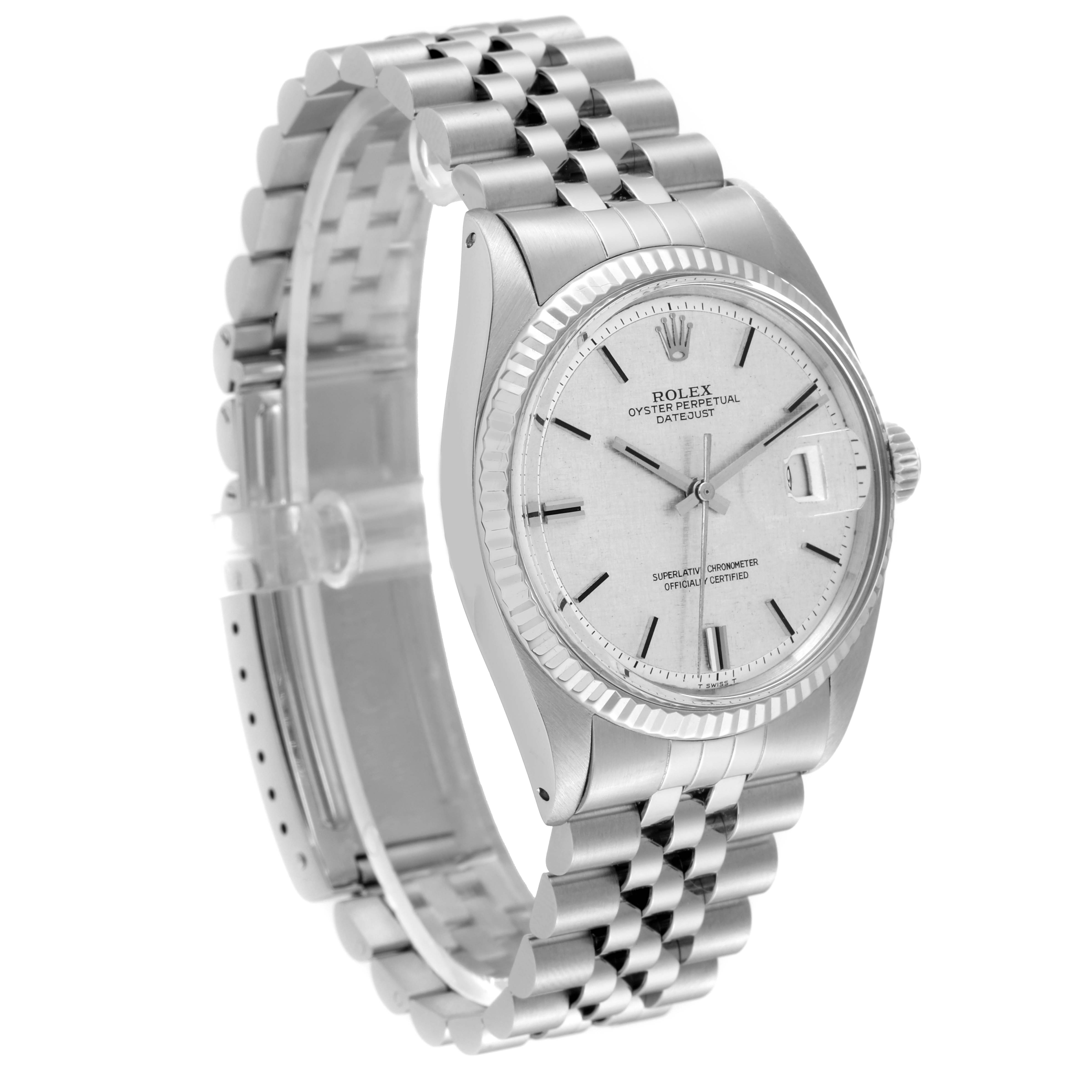 The Rolex Vintage Collection 1601 Men's Stainless Steel Silver Dial 1601 Men's Stainless Steel Silver Dial model watch is shown at a slight angle, displaying the face, bezel, crown, and Jubilee bracelet.