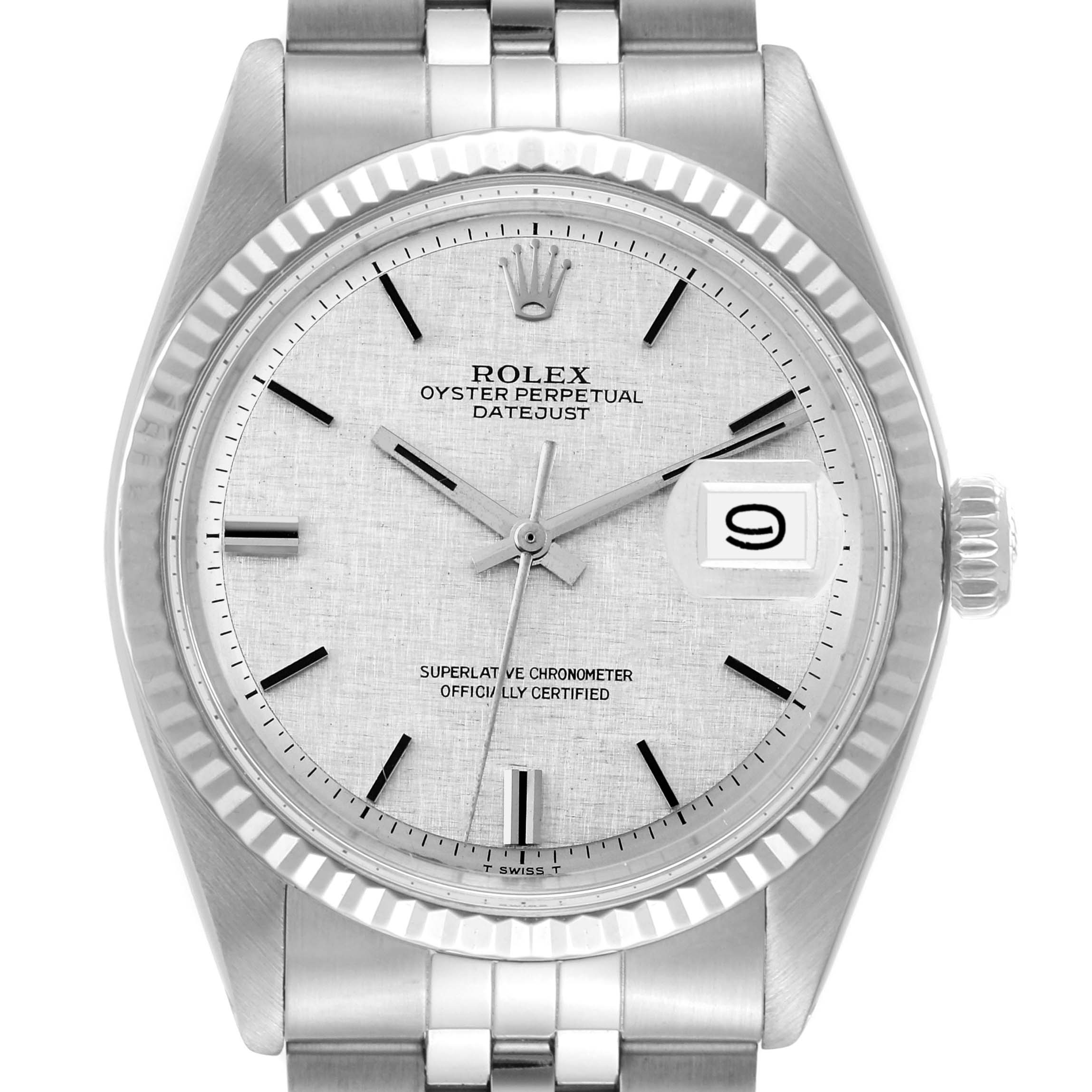 The Rolex Vintage Collection 1601 Men's Stainless Steel Silver Dial 1601 Men's Stainless Steel Silver Dial model watch is shown from the front, highlighting the face, bezel, and crown.