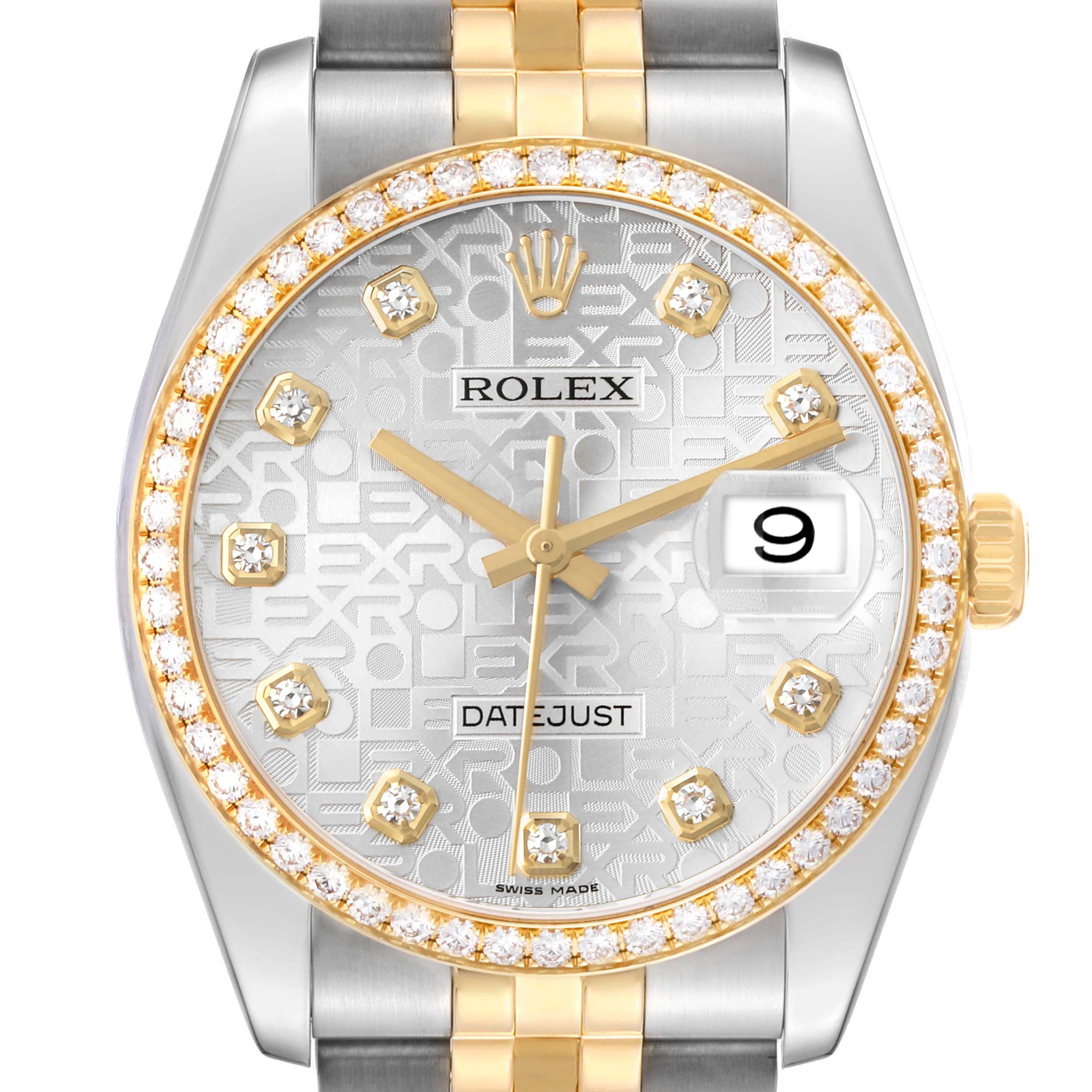 The Rolex Datejust 116243 Men's Steel and Gold (two tone) Silver Dial watch is shown from the front, highlighting the dial, bezel, and part of the bracelet.
