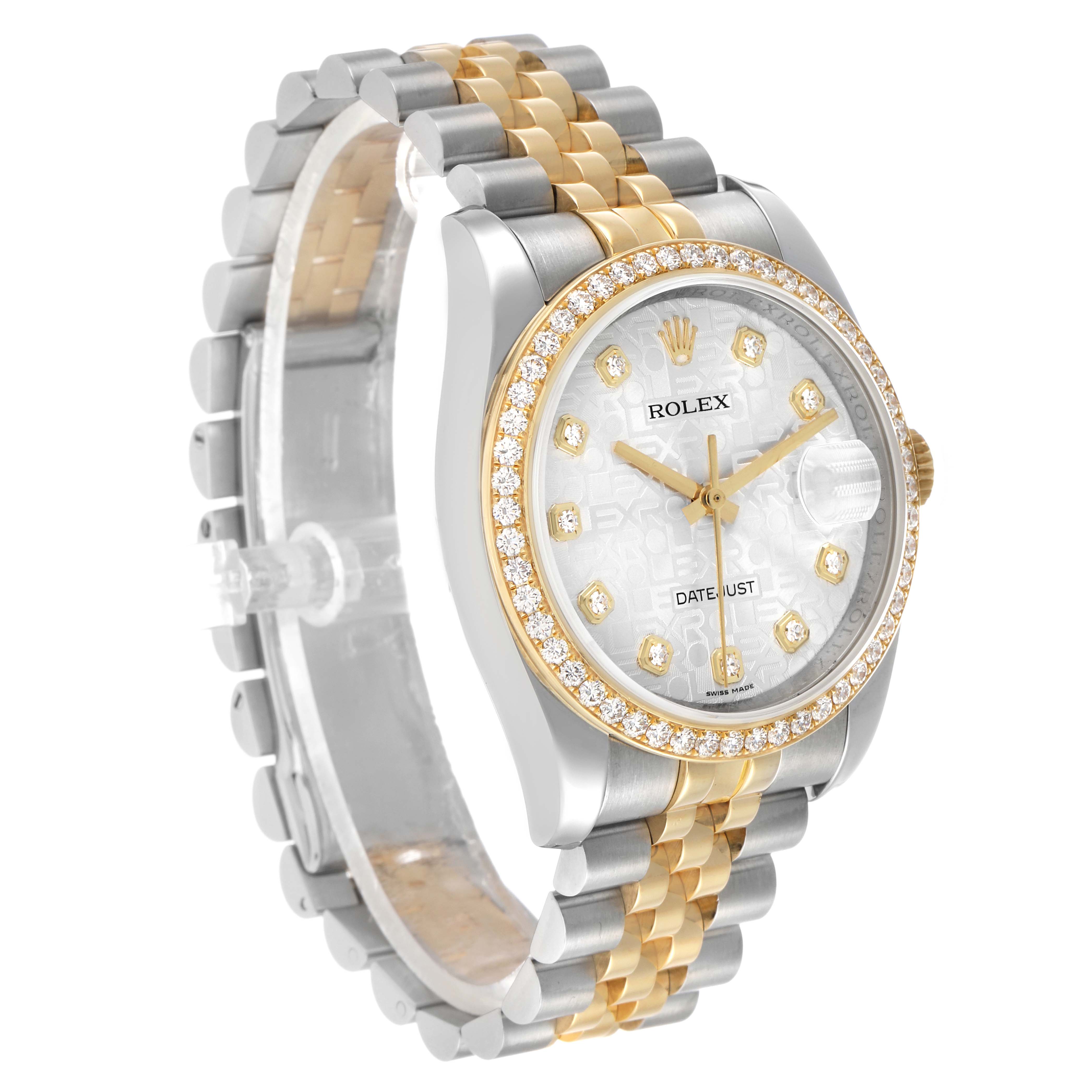 The Rolex Datejust 116243 Men's Steel and Gold (two tone) Silver Dial watch is shown at a three-quarter angle, highlighting the diamond bezel, jubilee bracelet, and dial details.