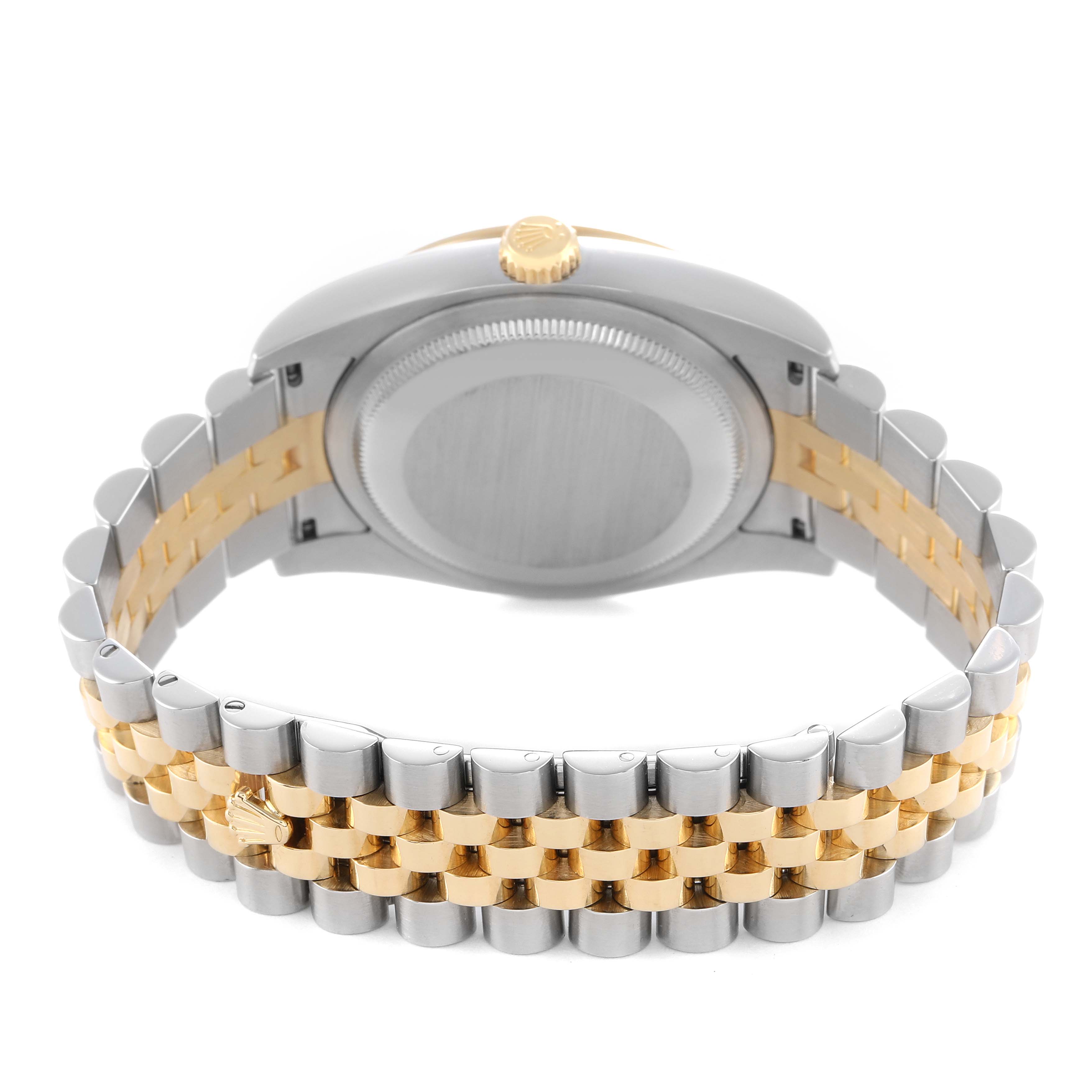 The image shows the back case and two-tone bracelet of the Rolex Datejust 116243 Men's Steel and Gold (two tone) Silver Dial watch from a rear angle.